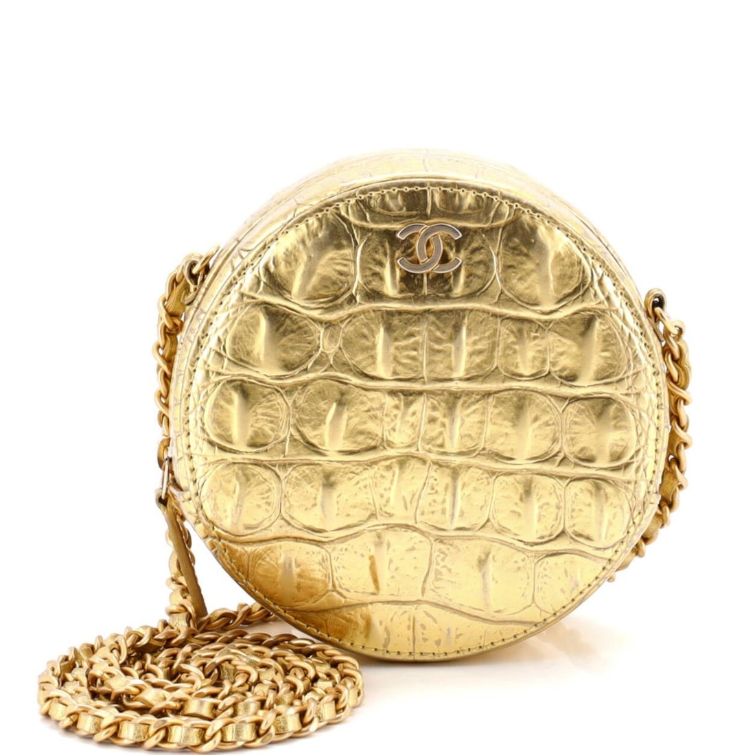 Chanel Métiers D'art Paris-new York 2019 Round Chain Clutch Shoulder Bag: Chanel Métiers d'Art Paris-New York 2019 Round Chain Clutch shoulder bag in gold embossed crocodile calfskin leather, gold hardware, marked 28051152 (2019); third-party authenticated 6.25