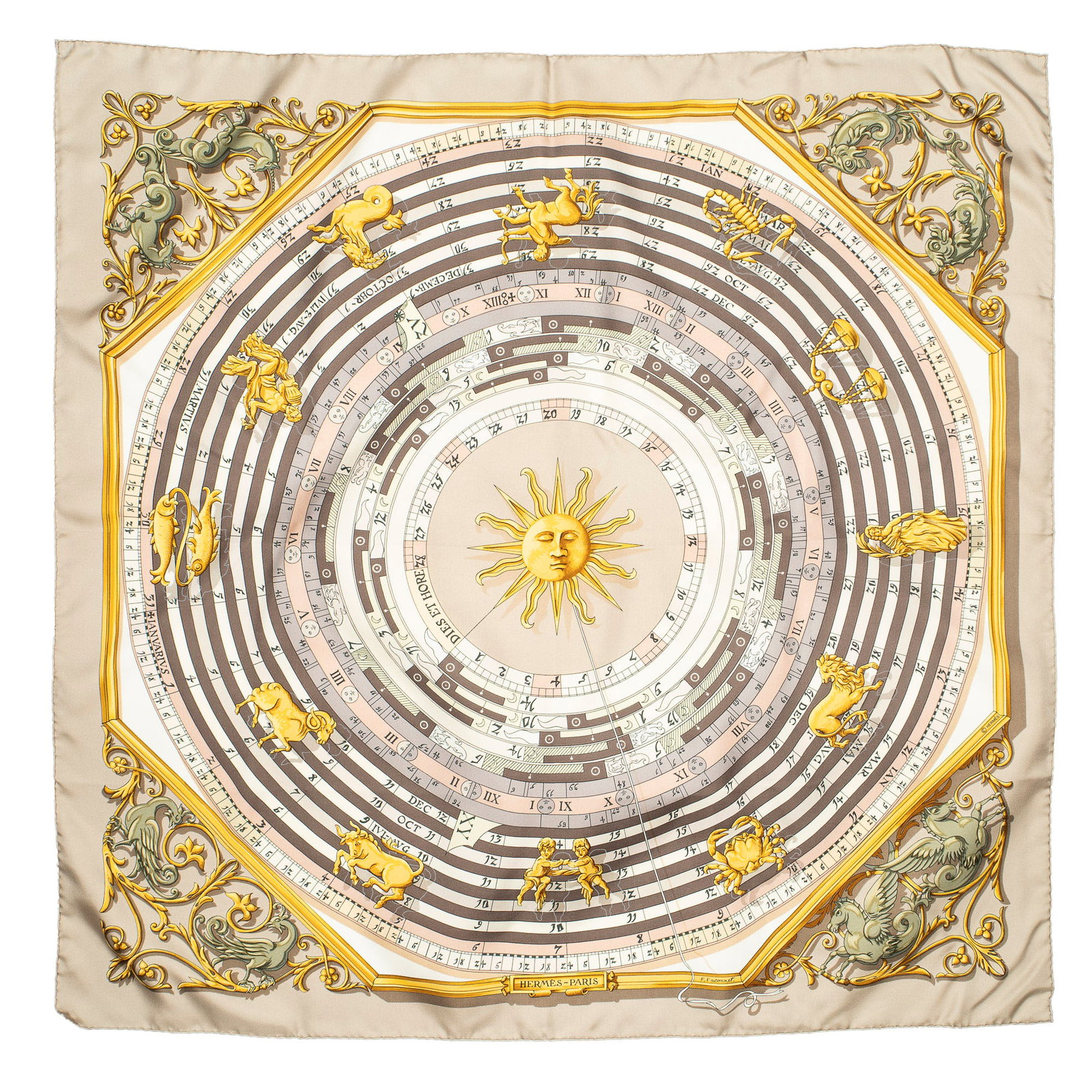 Hermès Astrologie Silk Scarf: Hermès "Astrologie" silk scarf, designed by Françoise Façonnet Square: 35.5 in. Condition AA; perfect condition, has barely been used