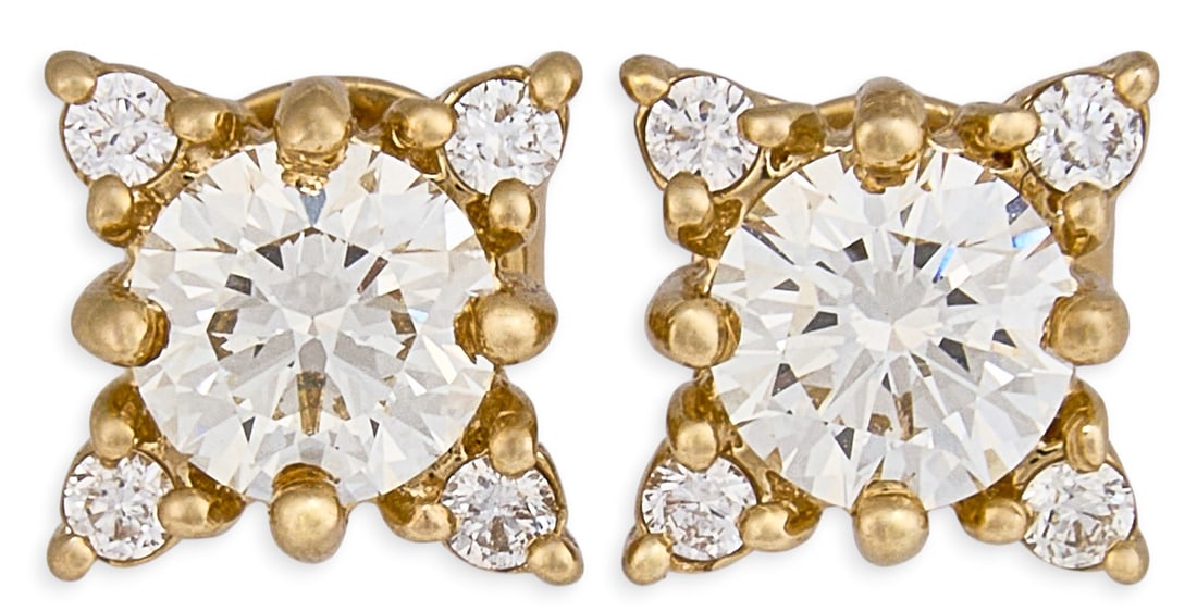 14K Diamond Earrings: Pair of 14K yellow gold diamond stud earrings, set with round brilliant cut diamonds, approximately 0.88 ctw, marked "14K" to posts, accompanied by AIGL appraisal Total weight: 1.9 g