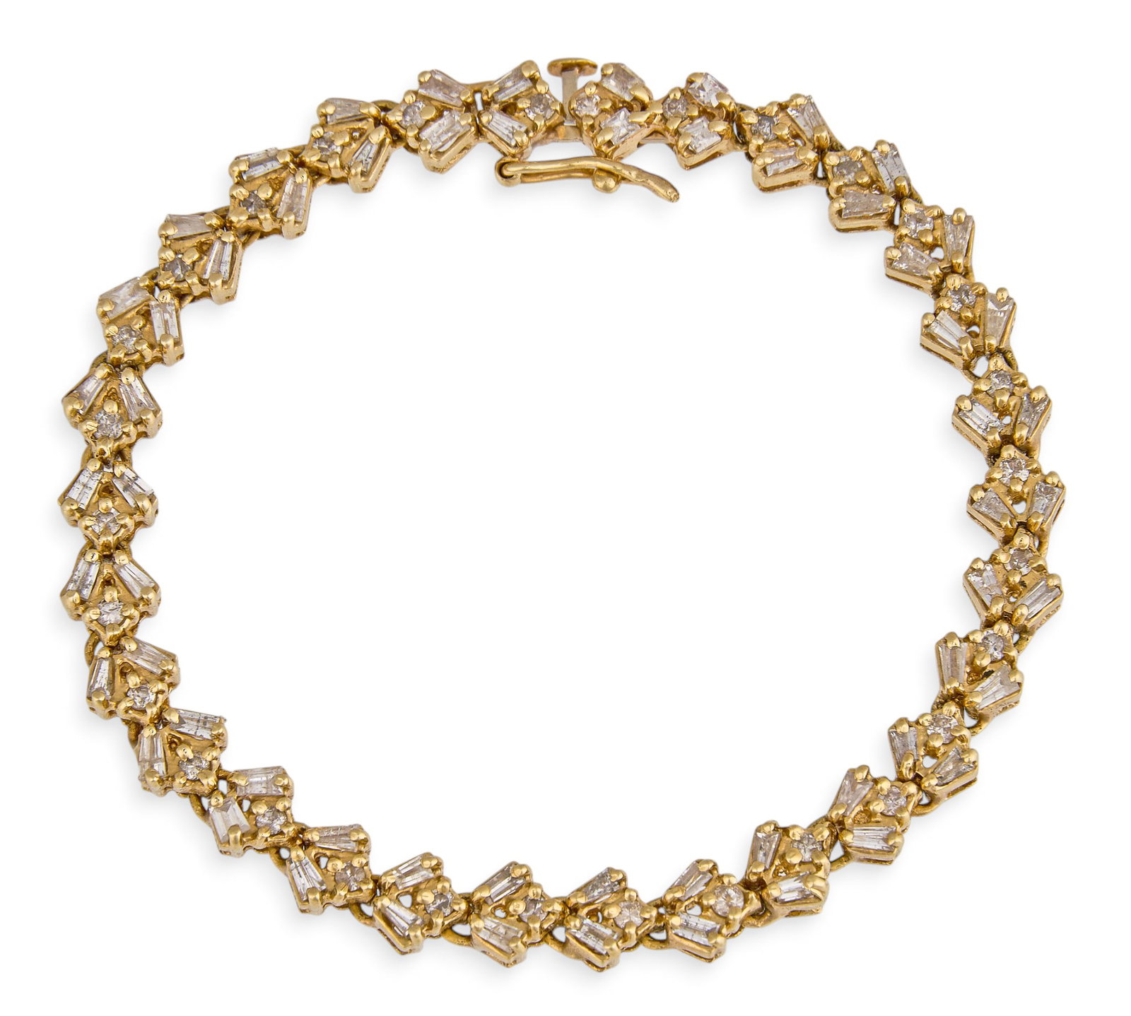 14K Diamond Tennis Bracelet: 14K yellow gold (tested) tennis bracelet with sixty baguette diamonds with G-I color and I1-I2 clarity totaling 1.80 ct. and thirty round diamonds with G-I color and I2-I3 clarity totaling 0.60 c