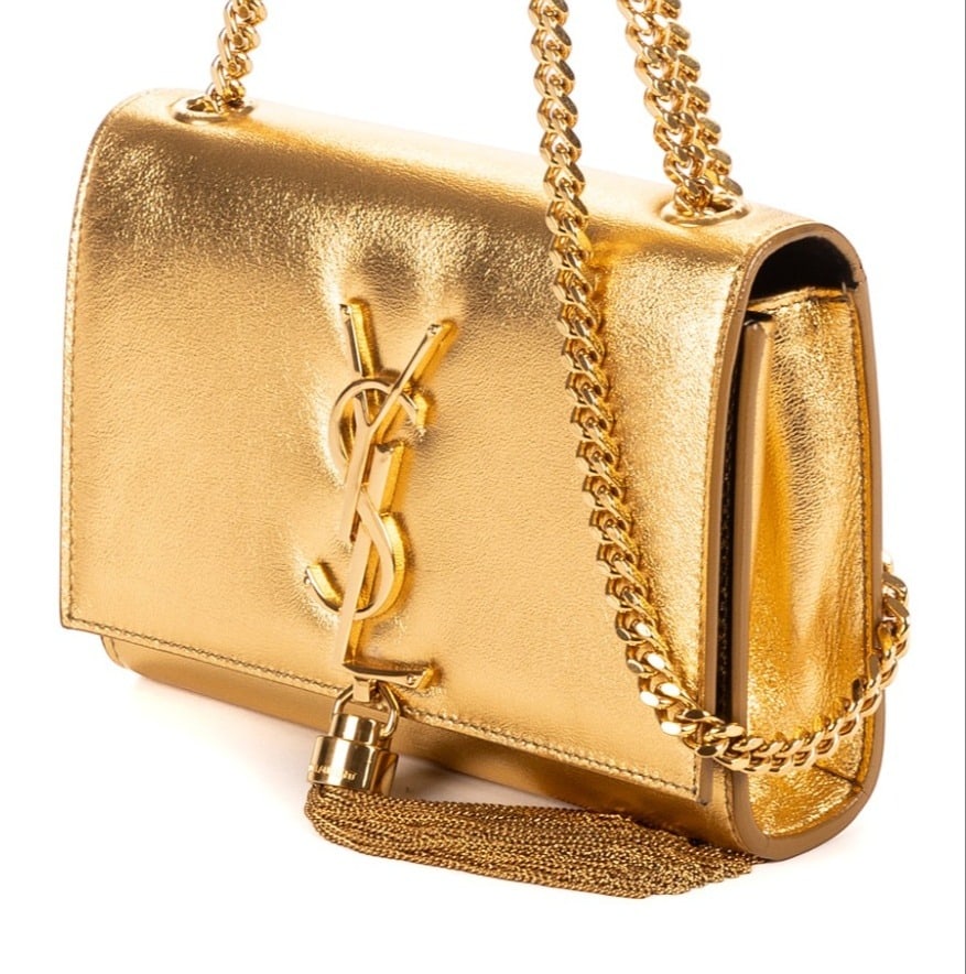 Yves Saint Laurent Kate Tassel Mini Shoulder Bag: Yves Saint Laurent Kate Tassel Mini shoulder bag in gold smooth leather, chain strap, and golden hardware, marked DPL-354120-0414, includes dust bag; third-party authenticated 6.75 in. x 4.75