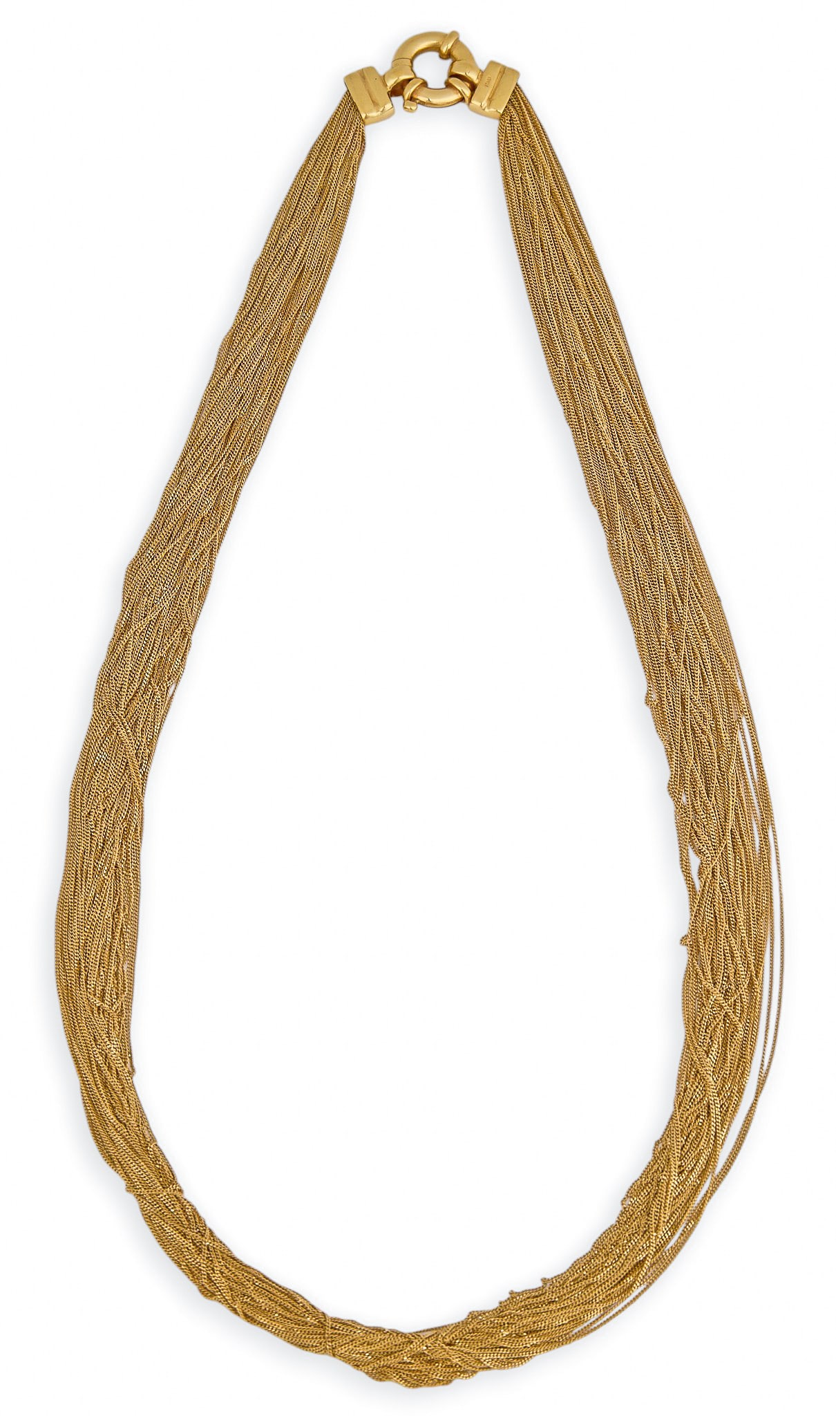 Italian 14K Multi-Strand Necklace: Italian 14K yellow gold multi-strand necklace, composed of forty-eight dainty strands, marked "14K Italy" near clasp Length: 17.25 in. Total weight: 26.6 g Provenance: Property from a home i