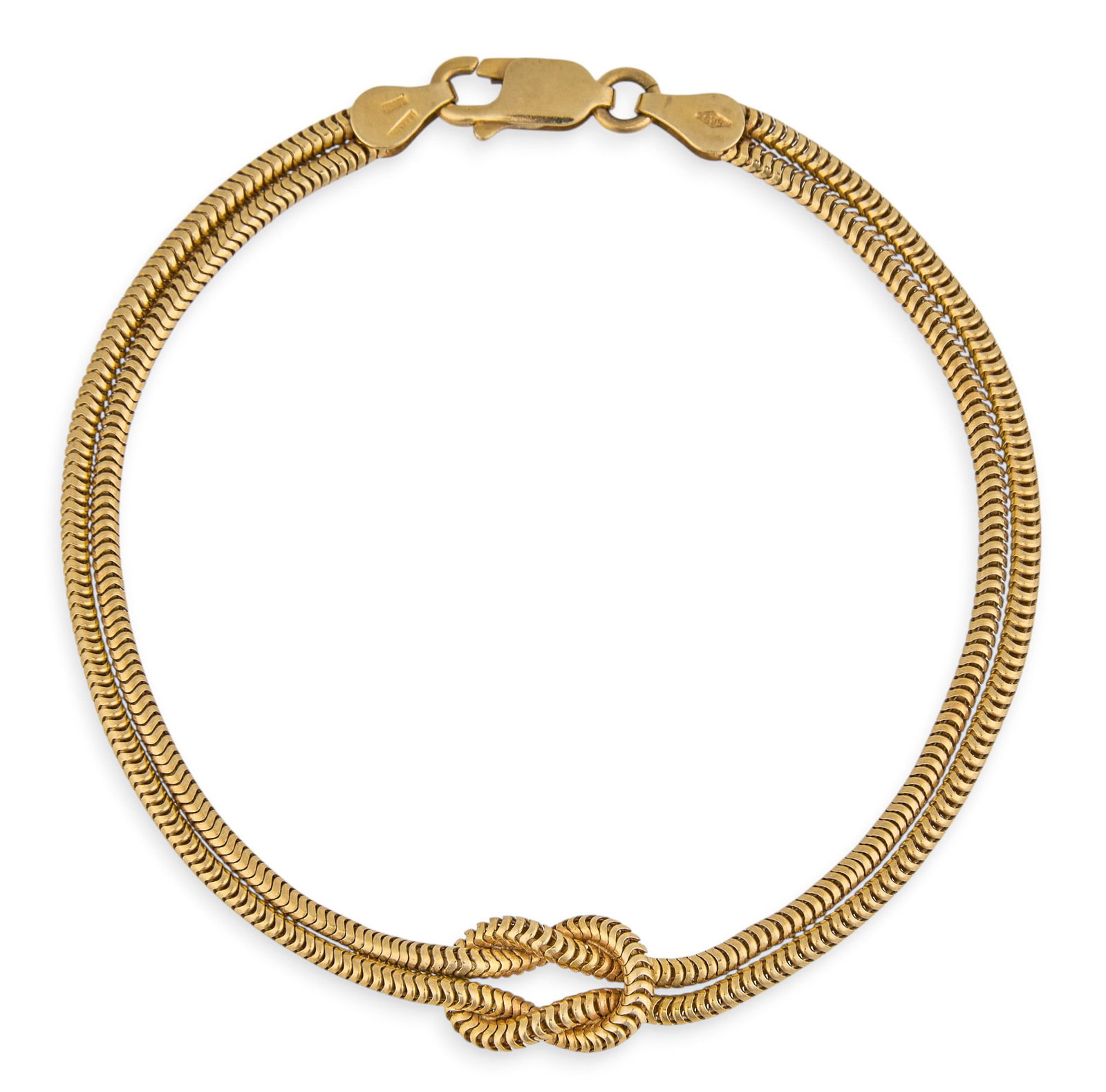 14K Knot Bracelet: 14K yellow gold bracelet with central knot design, marked "585" Length: 7.25 in. Total weight: 7.4 g Provenance: Property from the collection of an industrial chemicals entrepreneur, from