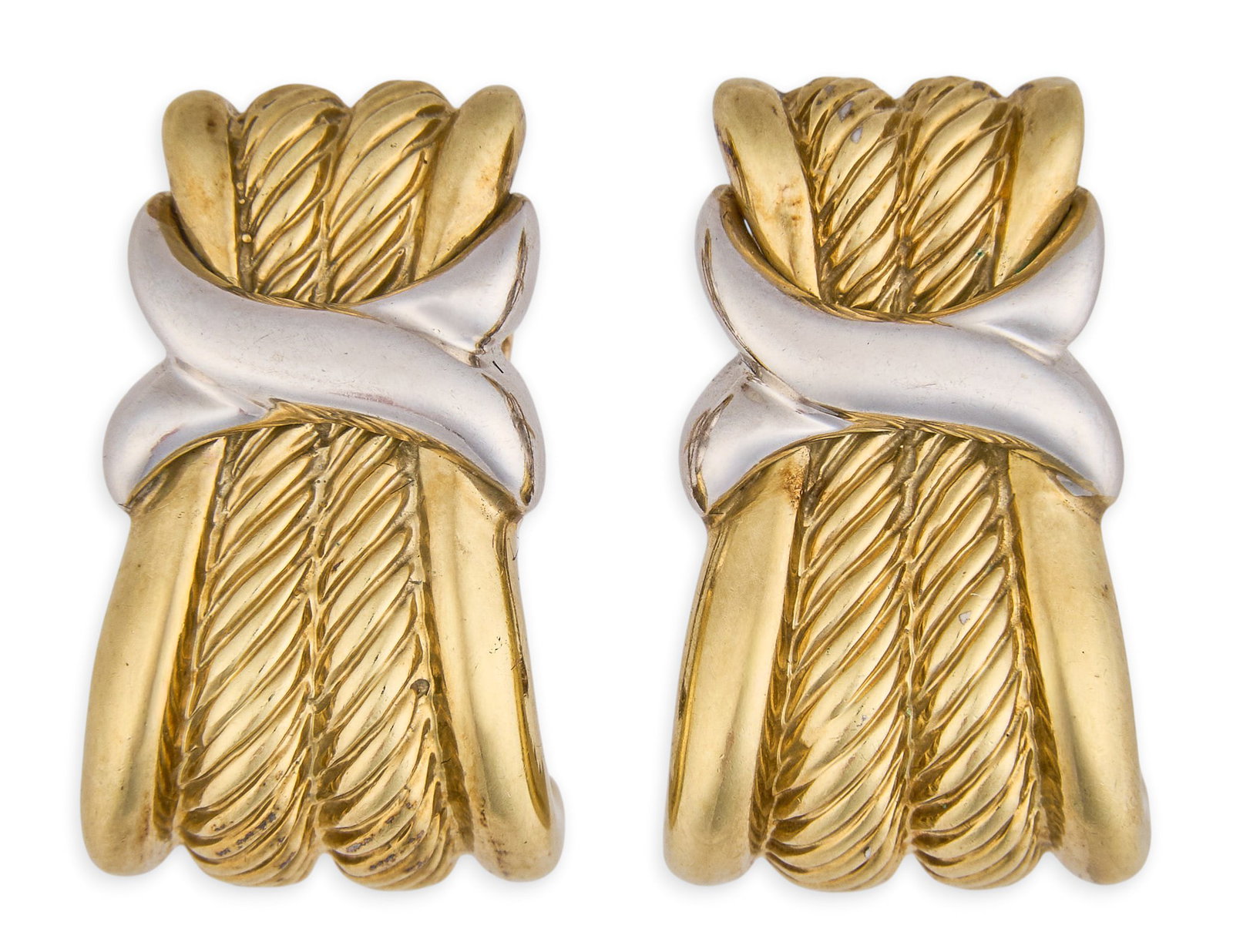 David Yurman 14K Two-Tone Earrings: Pair of David Yurman 14K two-tone gold earrings, marked "14K D. Yurman" Size: 1 in. / length Total weight: 18.5 g Provenance: Property from the collection of an industrial chemicals