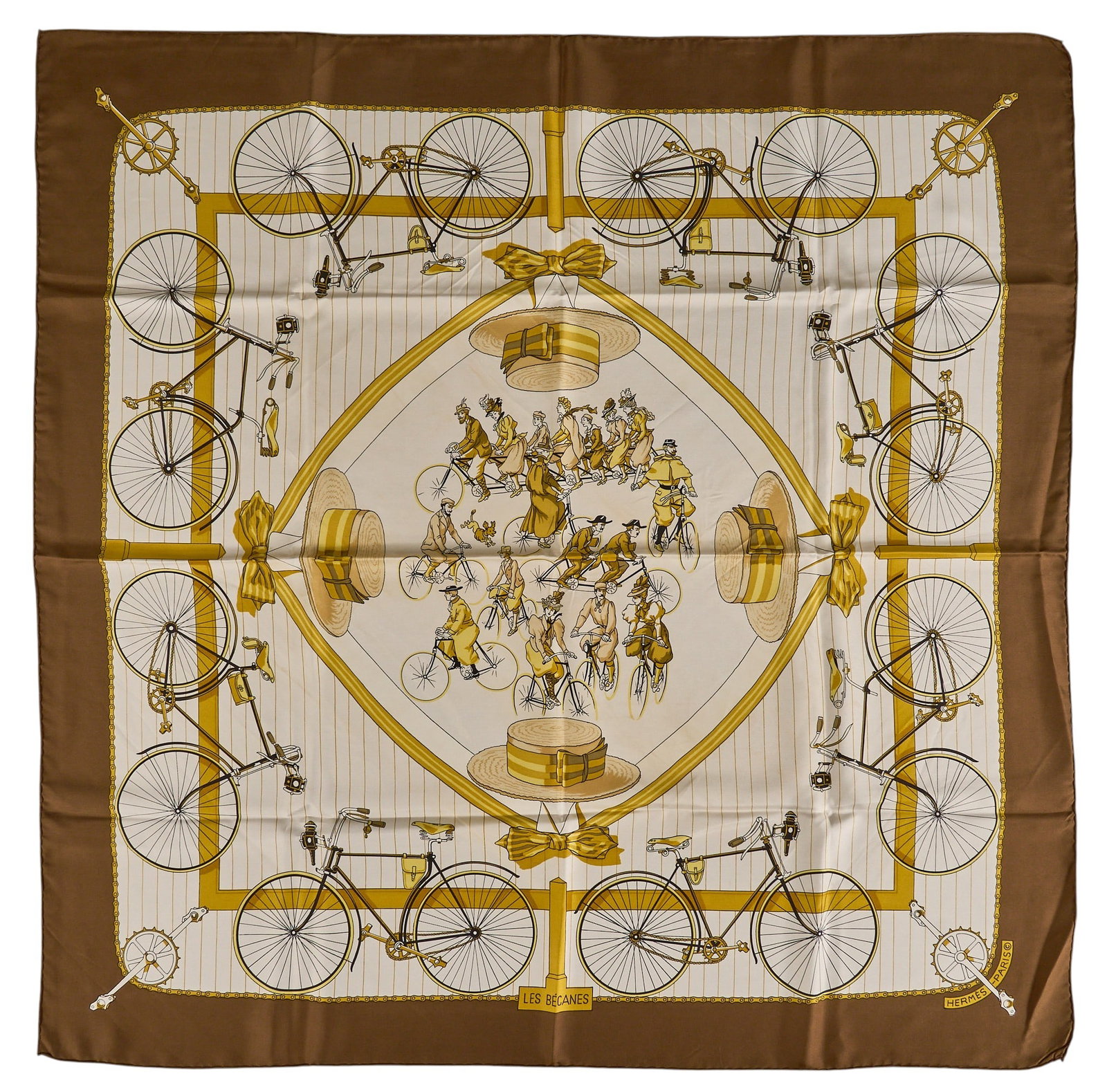 Hermes Les Becanes Silk Scarf: Hermes "Les Becanes" silk scarf, designed by Hugo Grygkar Square: 34 in. Condition A; excellent condition, shows little signs of wear Provenance: Property from a home in San Anton
