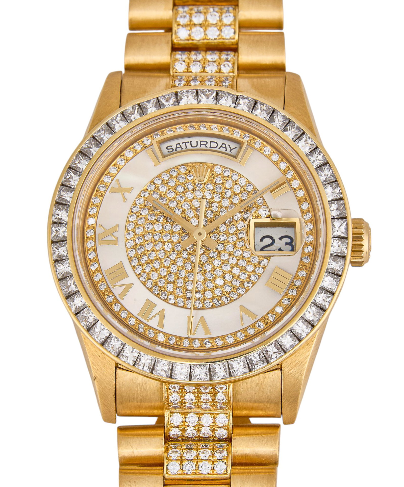 Rolex Day-Date 36mm 18k Gold and Diamond: Rolex Day-Date 18K yellow gold watch, circa 1994, model number 18038, serial number W247628, 36mm case, diamond and mother-of-pearl dial, princess-cut diamond set bezel, diamond set center links 