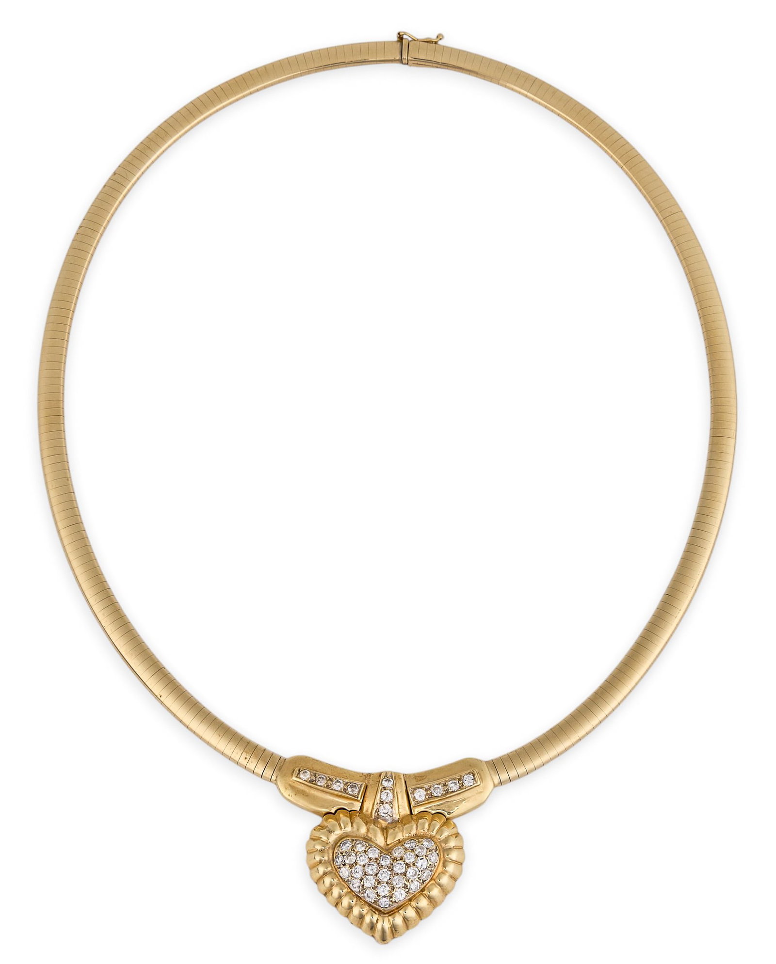 14K Omega Style Diamond Heart Necklace: 14K yellow gold omega style necklace, set with round brilliant cut diamonds and heart pendant, approx. 3-4 ctw, marked "14KT" Length: 18 in. Total weight: 66.7 g