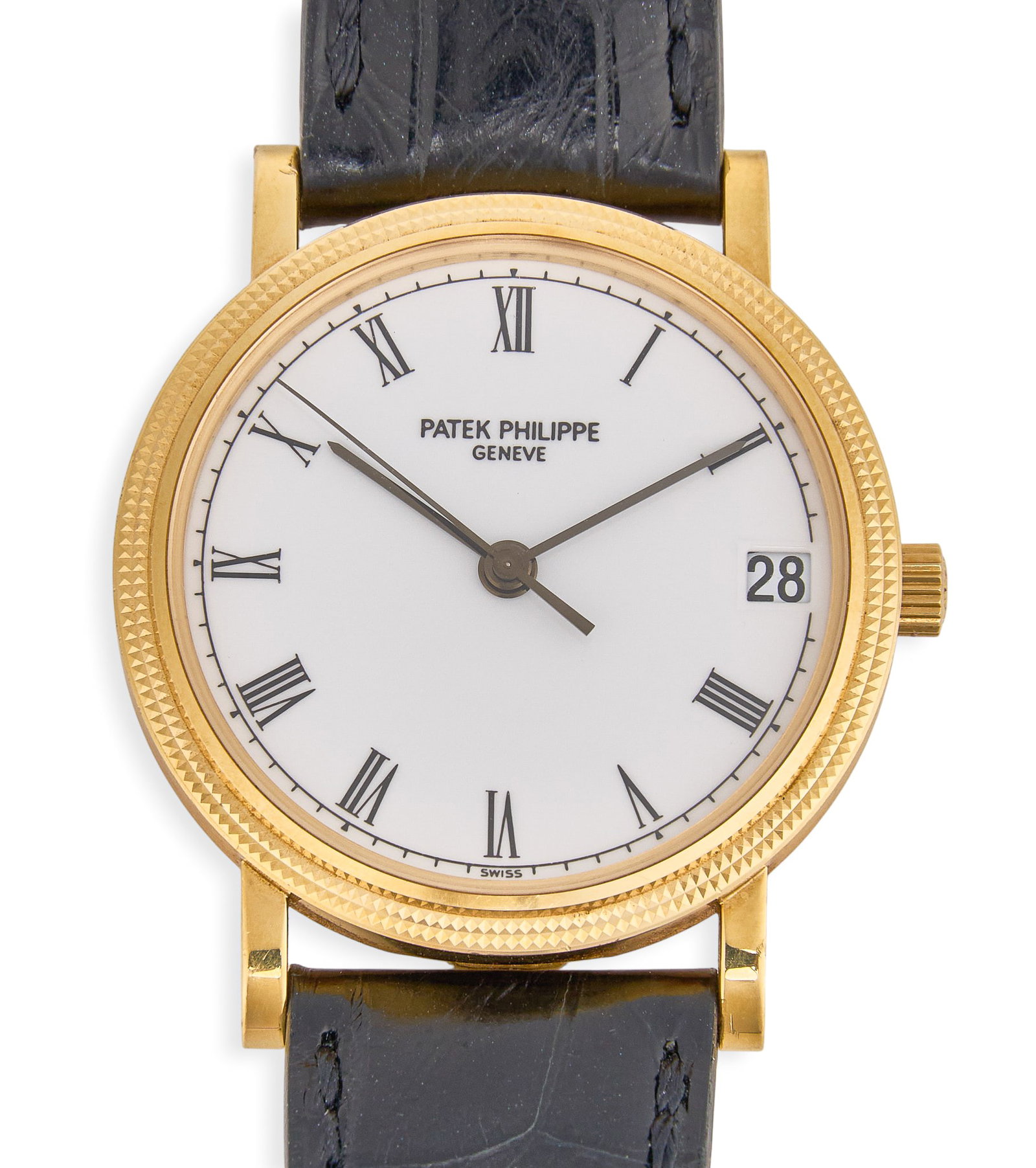 Patek Philippe Calatrava 18K Watch: Patek Philippe Calatrava 18K yellow gold watch with white porcelain dial and black crocodile embossed leather band, reference number 3802/200J-001, 32mm case, includes Patek Philippe leather pamphlet