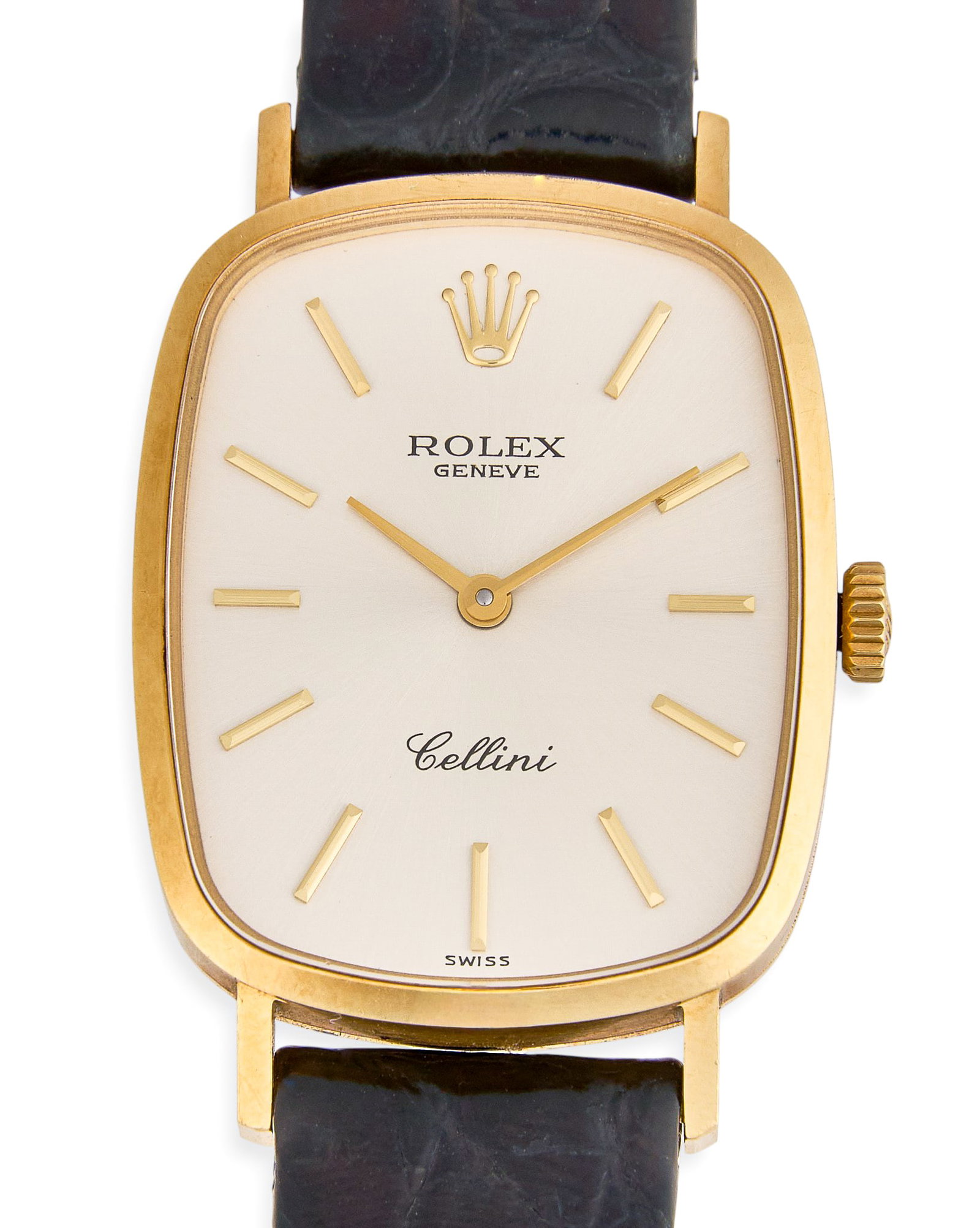 Vintage 18K Rolex Cellini: Vintage 1974 Rolex Cellini watch with 18K yellow gold case, #4111, manual-winding Caliber and Rolex black crocodile band, 22mm x 26mm case, marked "W040770" on back Provenance: Pr