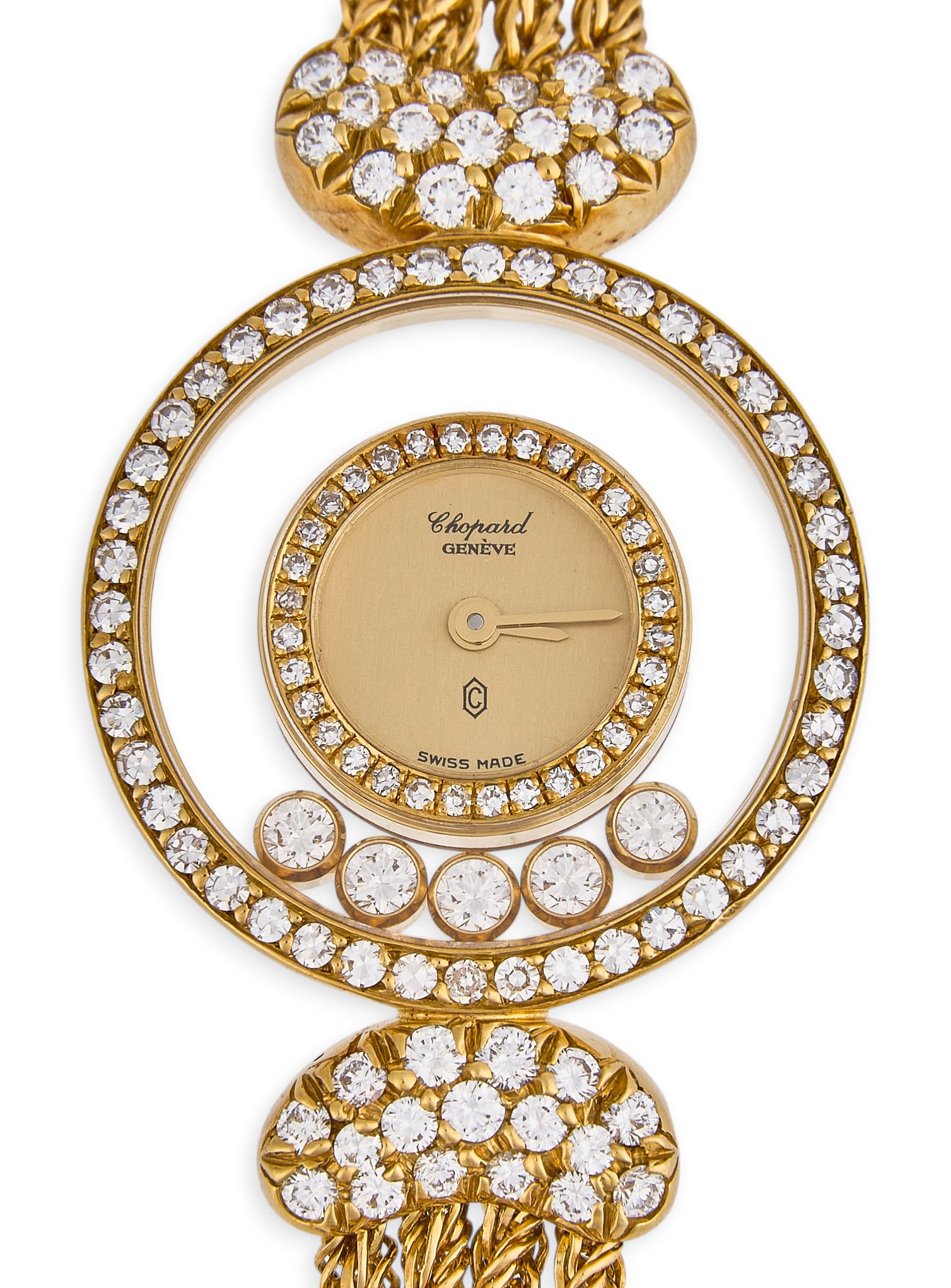 Chopard 18K Happy Diamonds Watch: Chopard 18K yellow gold and diamond Happy Diamonds watch, featuring double round case with sapphire crystal and a diamond bezel, showcasing five floating round-cut bezel-set diamonds between the