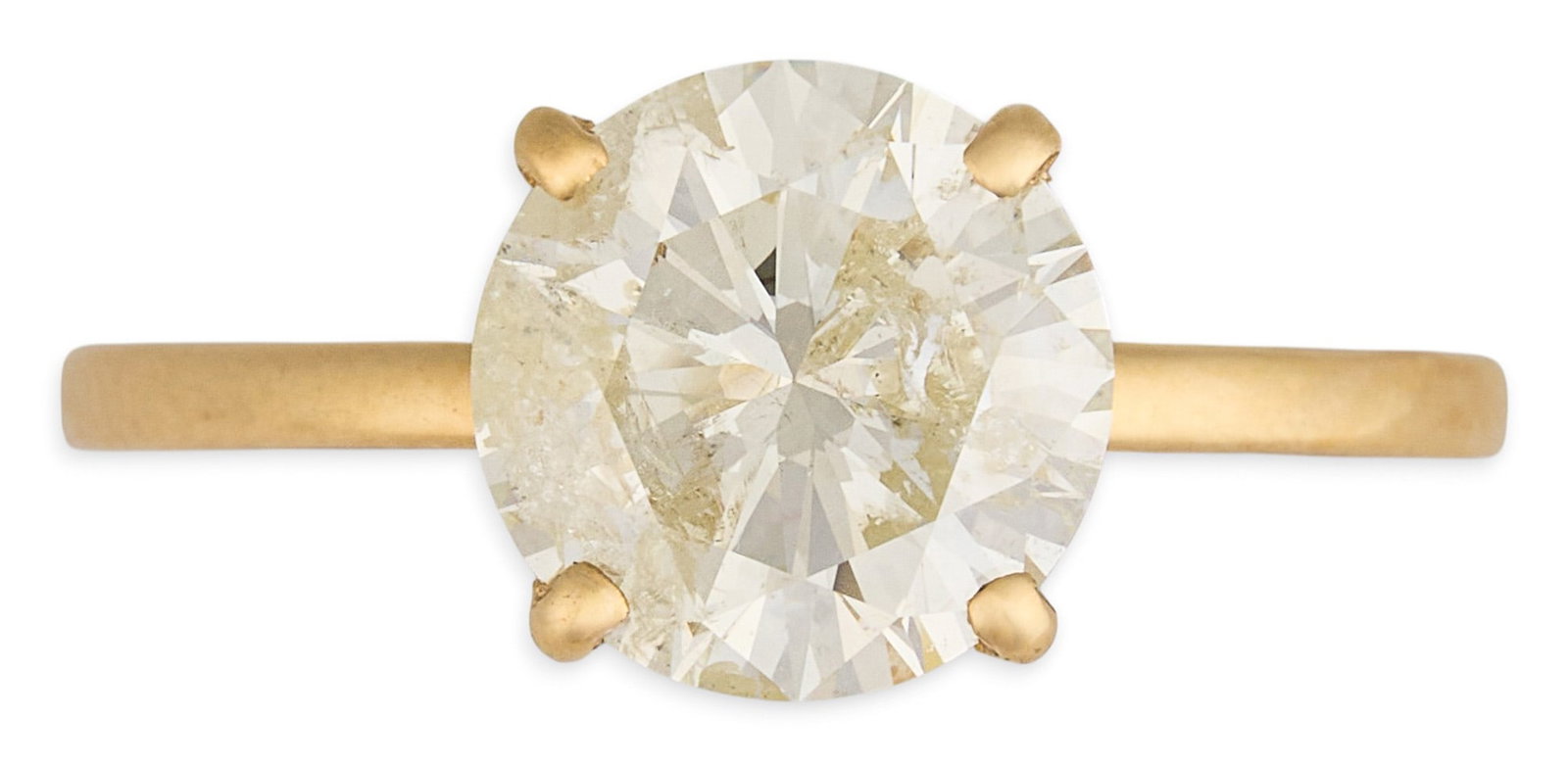 2 ct Diamond Solitaire Ring: 18K yellow gold solitaire ring set with round brilliant cut diamond, approximately 2.10 ct, graded L–M color and I1–I2 clarity, marked "18Kt" Size: 6.75 Total weight: 2.1 g 