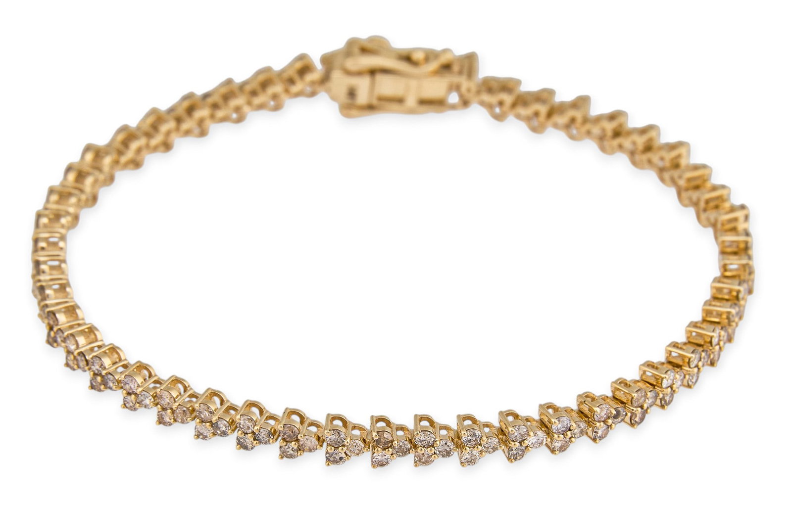 3.2 ctw Diamond Tennis Bracelet: 14K yellow gold tennis bracelet set with round brilliant cut diamonds, approximately 3.20 ctw, K–L color and SI2–I1 clarity, marked "14KT" Length: 7 in. Total weight: 8.7 g Prove