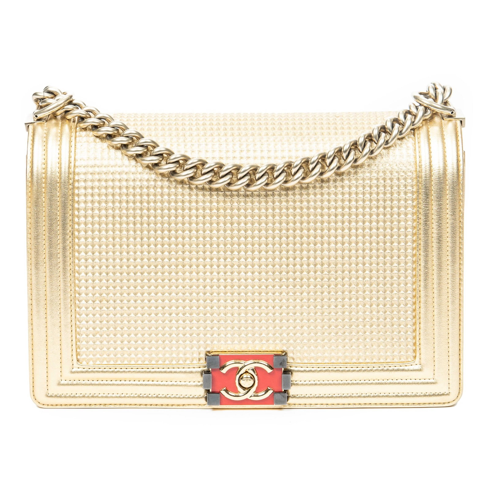 Chanel Medium Boy Cube Flap Shoulder Bag: Chanel Medium Boy Cube Flap shoulder bag in gold and red cube embossed lambskin leather, with golden hardware, marked 18989712 (2013-2014), includes dust bag; third-party authenticated 10.75