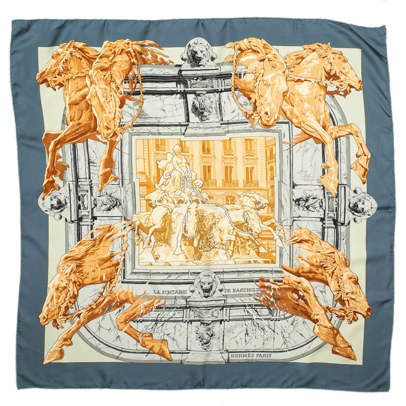 Hermès La Fontaine de Bartholdi Silk Scarf: Hermès "La Fontaine de Bartholdi" silk scarf, designed by Vladimir Rybaltchenko Square: 35.5 in. Condition A; excellent condition, shows little signs of wear