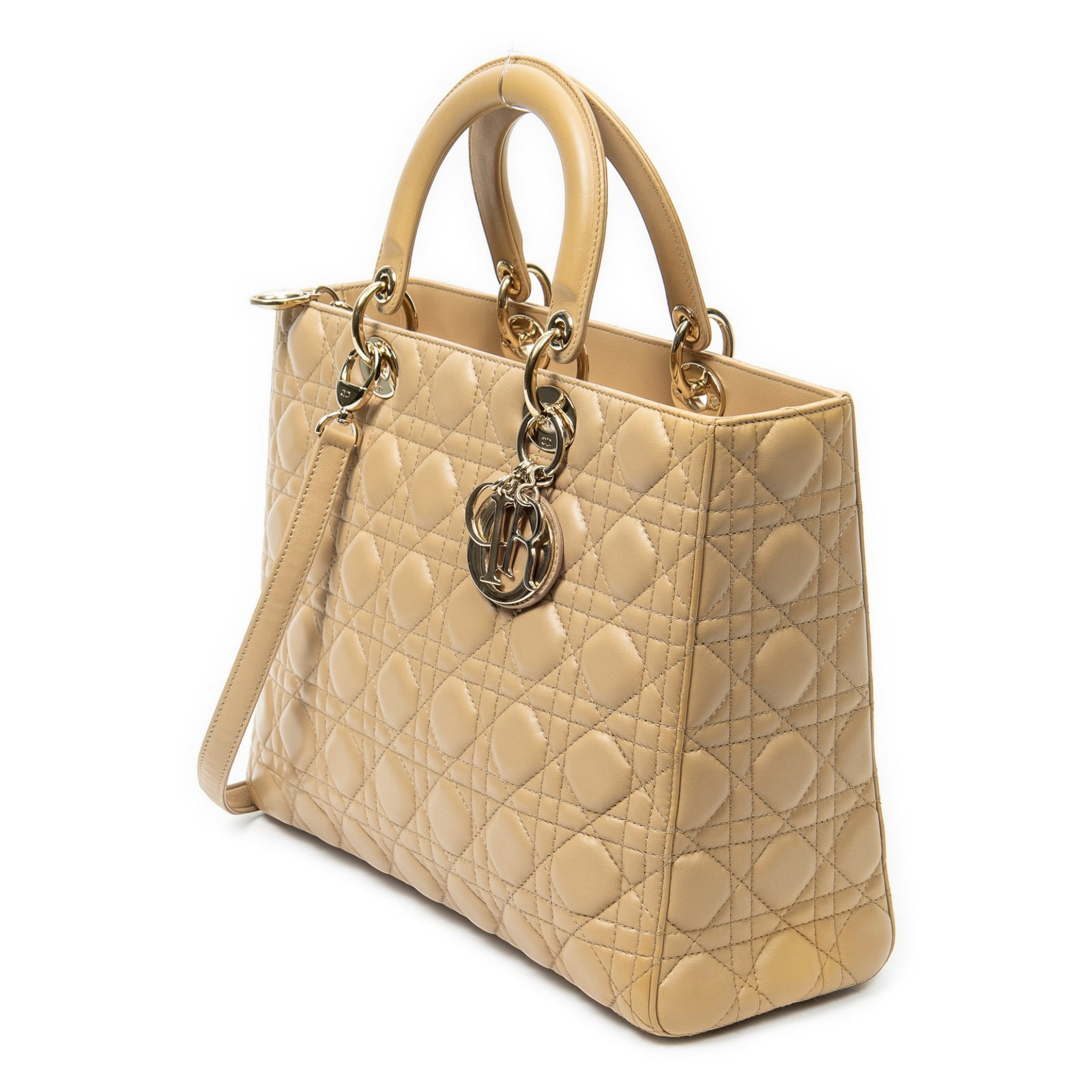 Dior Large Lady Dior Zip Shoulder Bag: Dior Large Lady Dior Zip shoulder bag in beige cannage lambskin leather, with beige leather handles, and golden hardware, marked 11-MA-0152, includes long strap, charms; third-party authenticated