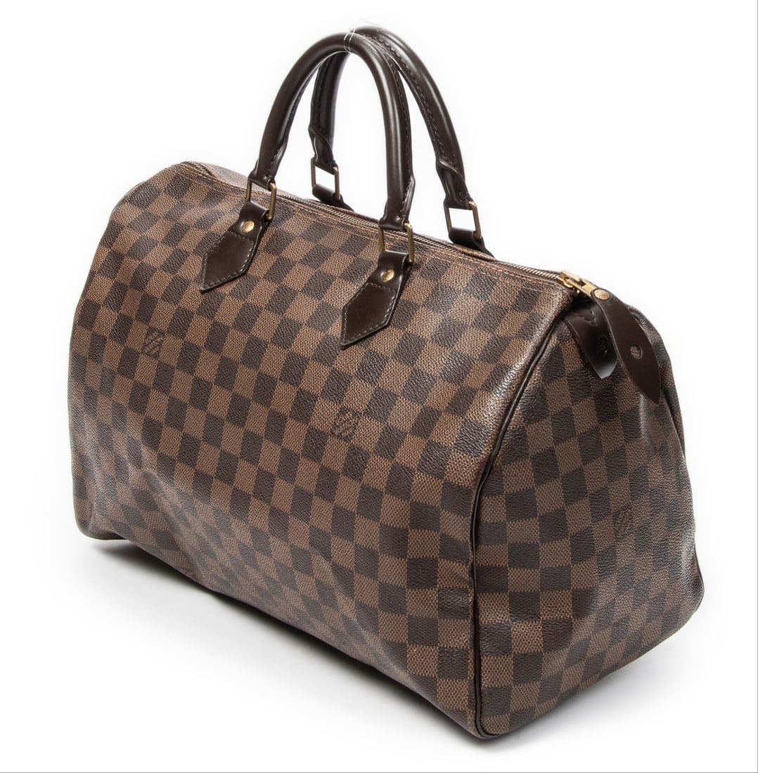 Louis Vuitton Speedy 35 Handbag: Louis Vuitton Speedy 35 handbag in brown damier ebene, golden brass hardware, marked SP0132 (3rd Week of 2012); third-party authenticated 13.75 in. x 8.75 in. x 7 in. Condition A; excellent