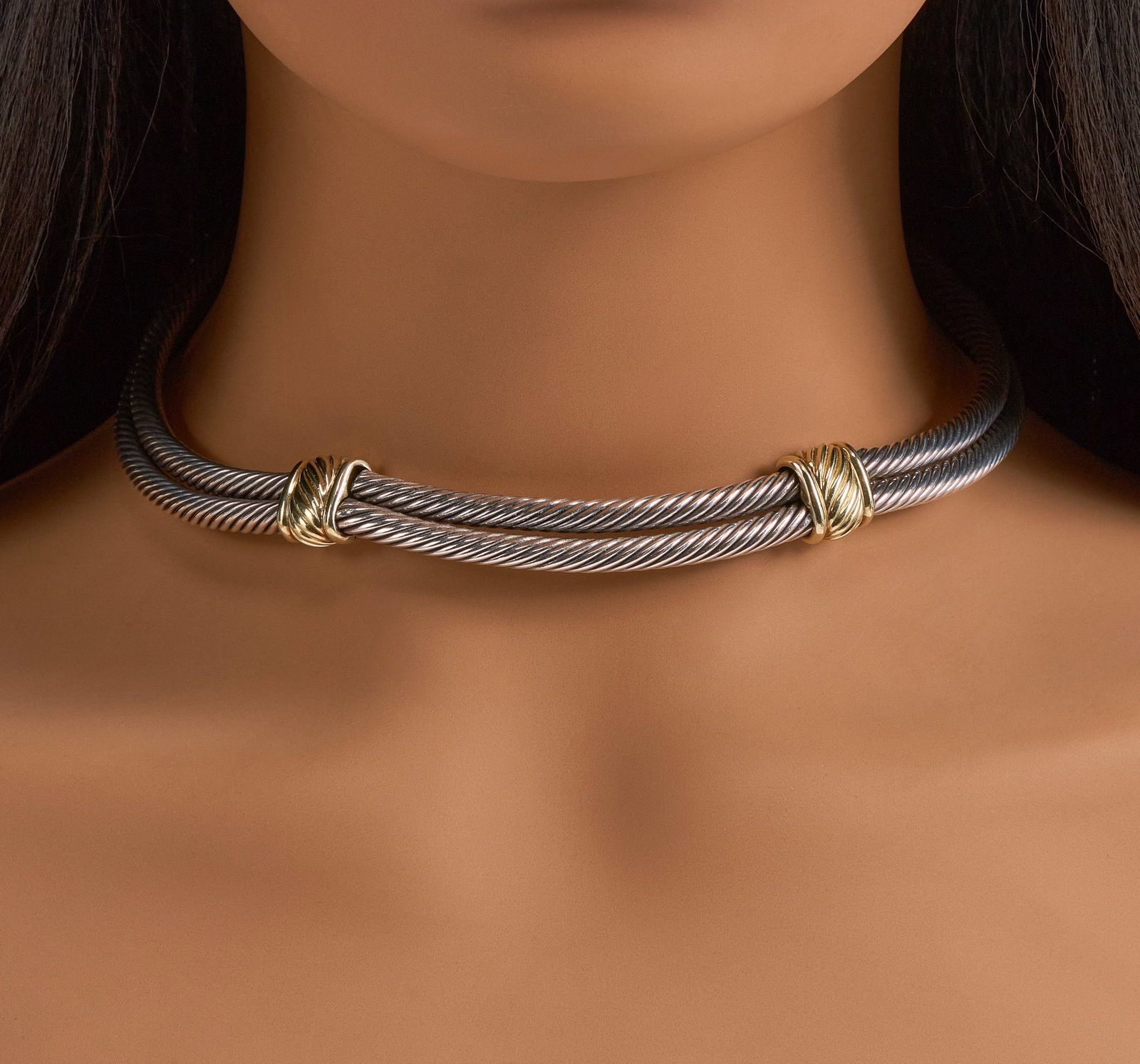 David Yurman 14K & Sterling Collar Necklace: David Yurman 14K yellow gold and sterling silver double collar necklace, marked "D.Y. 585 925" Length: 16 in. Total weight: 108.24 g Provenance: Property from the Terrell Hills, Texas