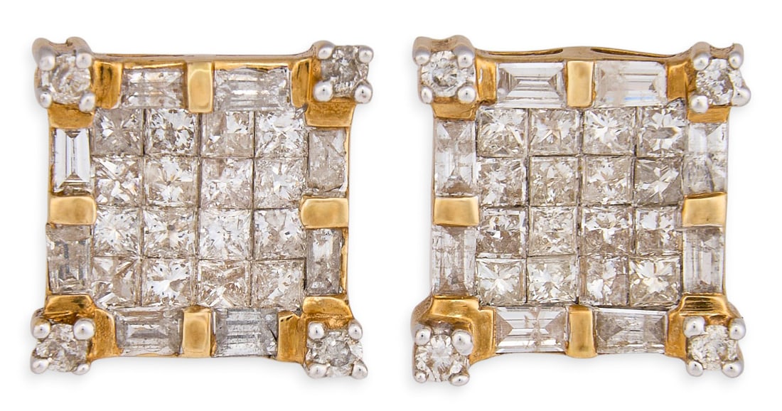1.4 ctw Diamond Button Earrings: Pair of 14K yellow gold button earrings centering an invisible-set arrangement of princess cut diamonds, approximately 1.44 ctw, accented by tapered baguette and round brilliant cut
