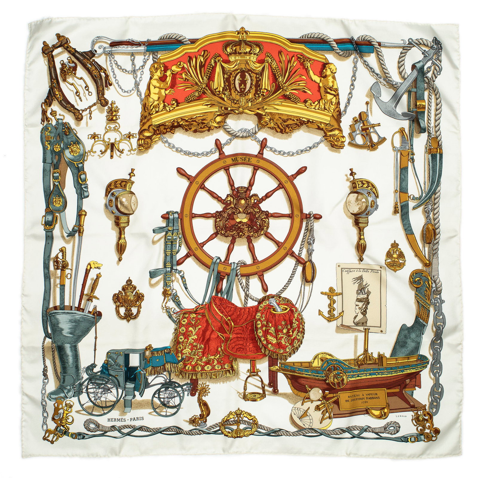 Hermès Musée Silk Scarf: Hermès "Musée" silk scarf, designed by Philippe Ledoux, includes original box Square: 35.5 in. Condition AA; perfect condition, has barely been used