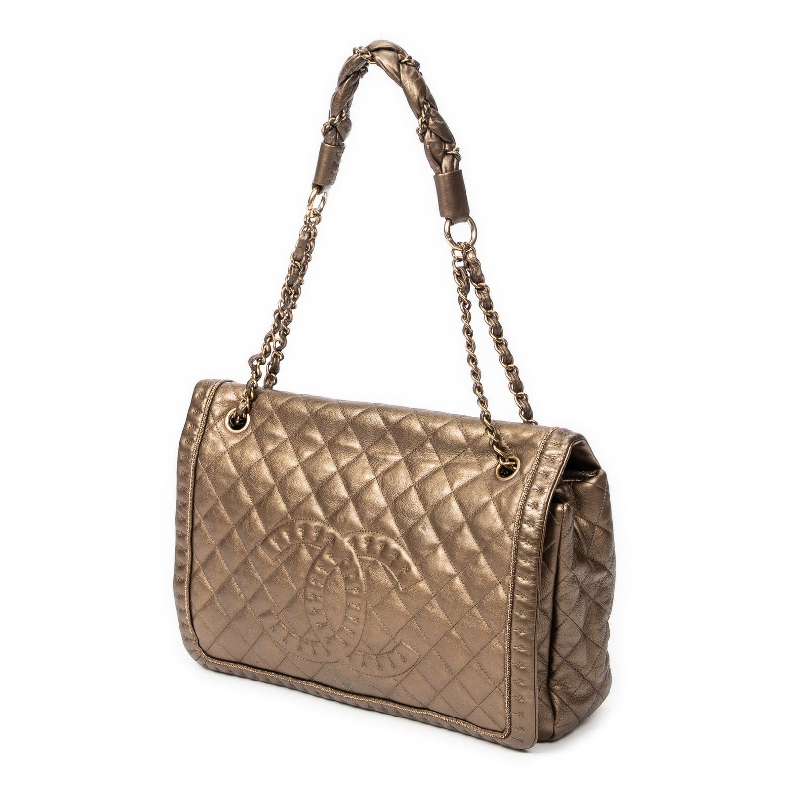 Chanel CC Istanbul Jumbo Flap Shoulder Bag: Chanel CC Istanbul Jumbo Flap shoulder bag in bronze quilted lambskin leather, with interlaced chain, and golden hardware, marked 15031559 (2011), includes sticker; third-party authenticated 12.5 in.