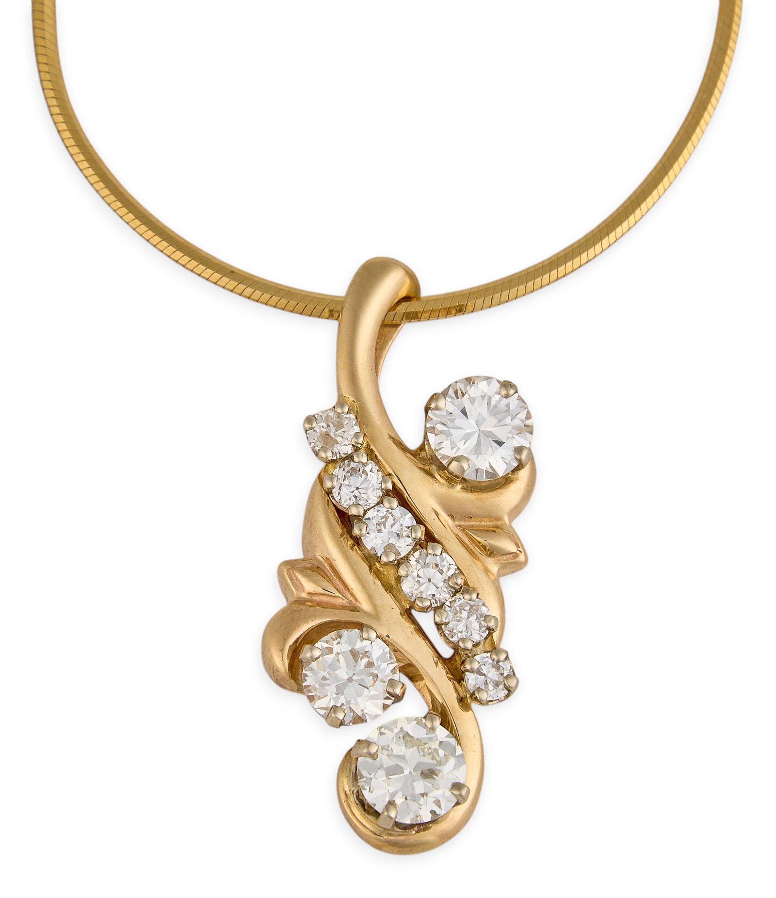 14K Diamond Pendant Necklace: 14K yellow gold pendant necklace, set with round brilliant cut diamonds, marked "14K" Length: 20 in. Total weight: 11.7 g Provenance: Property from the collection of an industrial