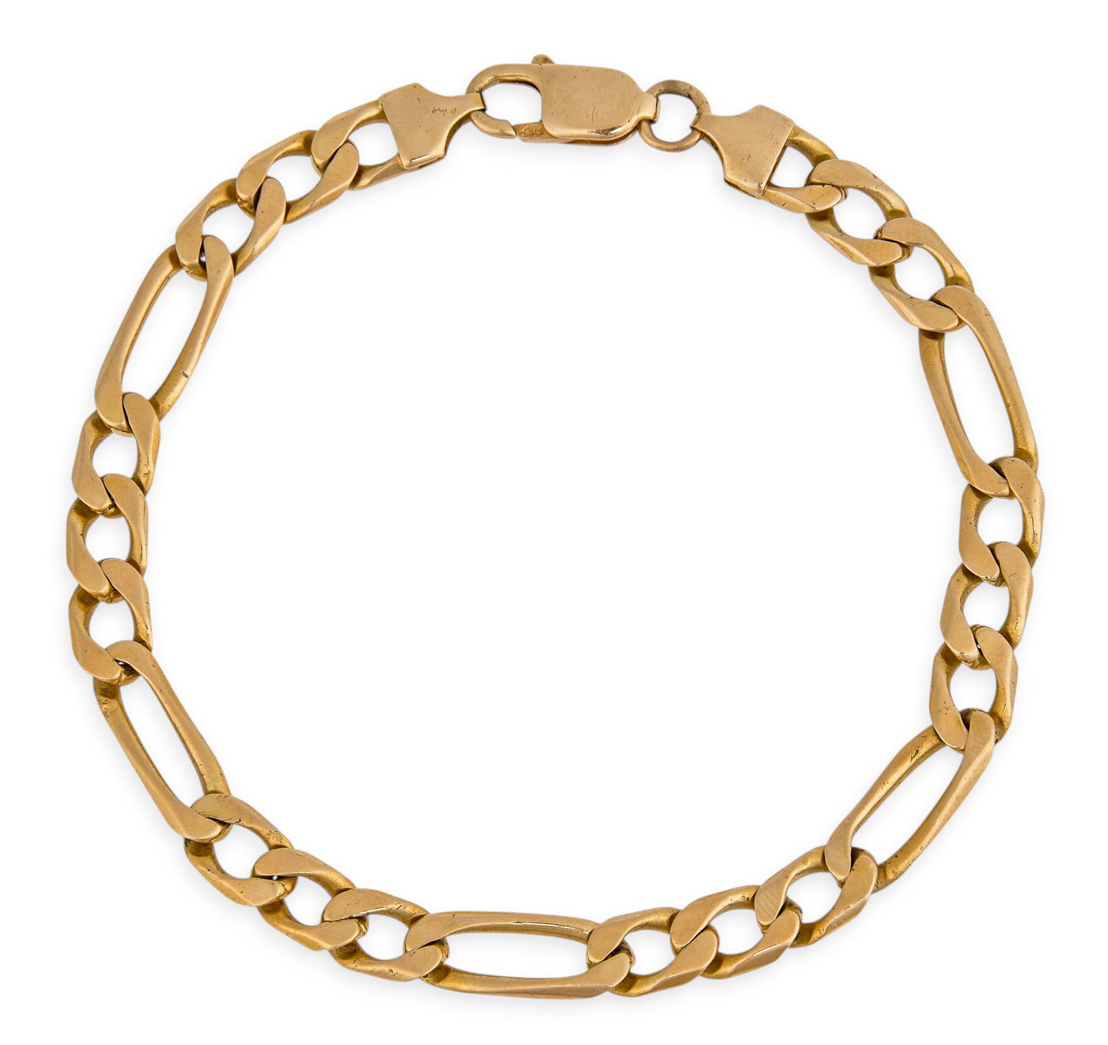 14K Figaro Link Bracelet: 14K yellow gold figaro link bracelet, marked "14K" Length: 9 in. Total weight: 20.89 g Provenance: Property from the collection of an industrial chemicals entrepreneur, from his Alamo