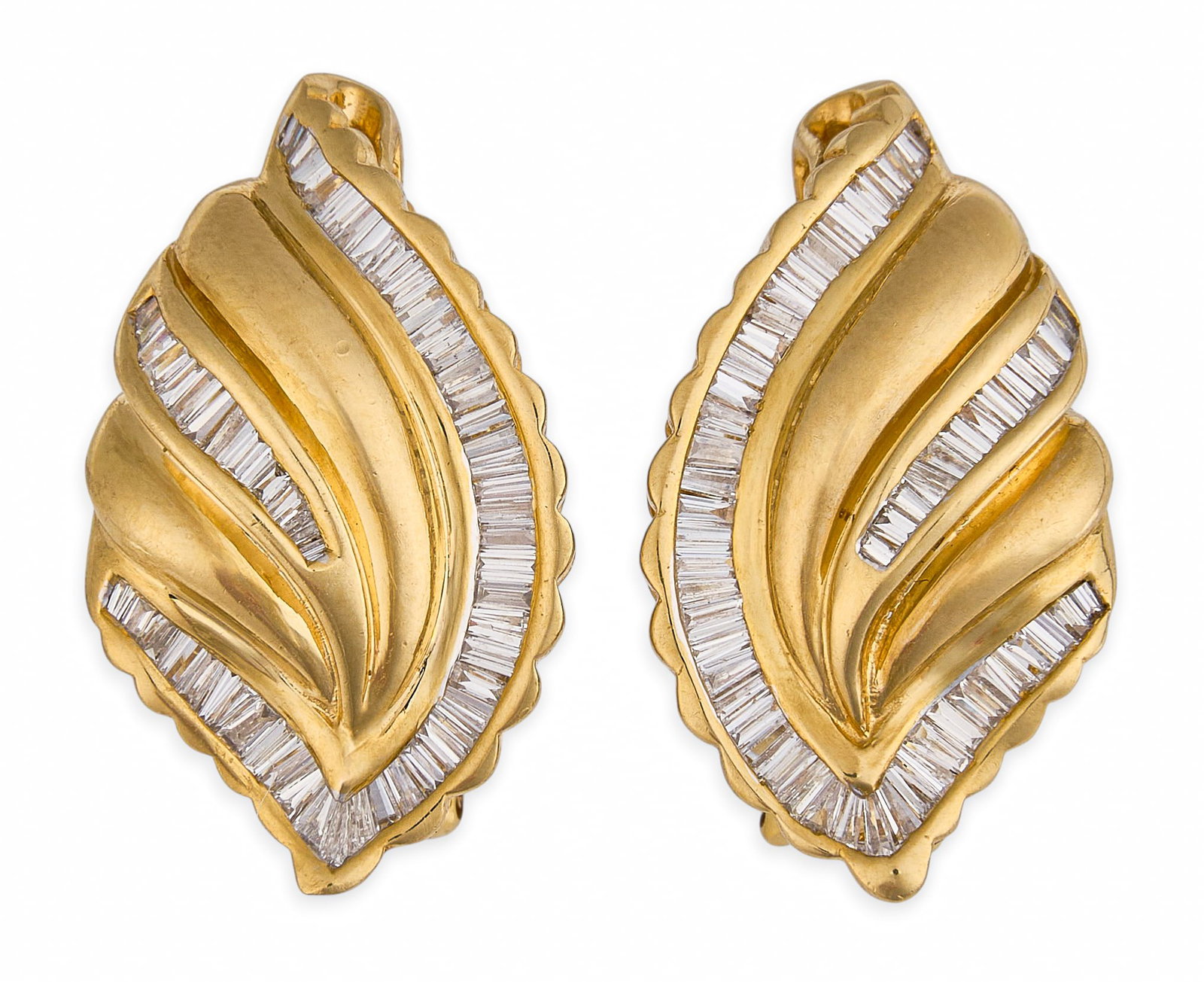 18K Diamond Earrings: Pair of 18K yellow gold earrings, set with baguette cut diamonds, approximately 3.0 ctw, marked "18K" to posts Size: 1 in. / length Total weight: 11.67 g Provenance: Property from the