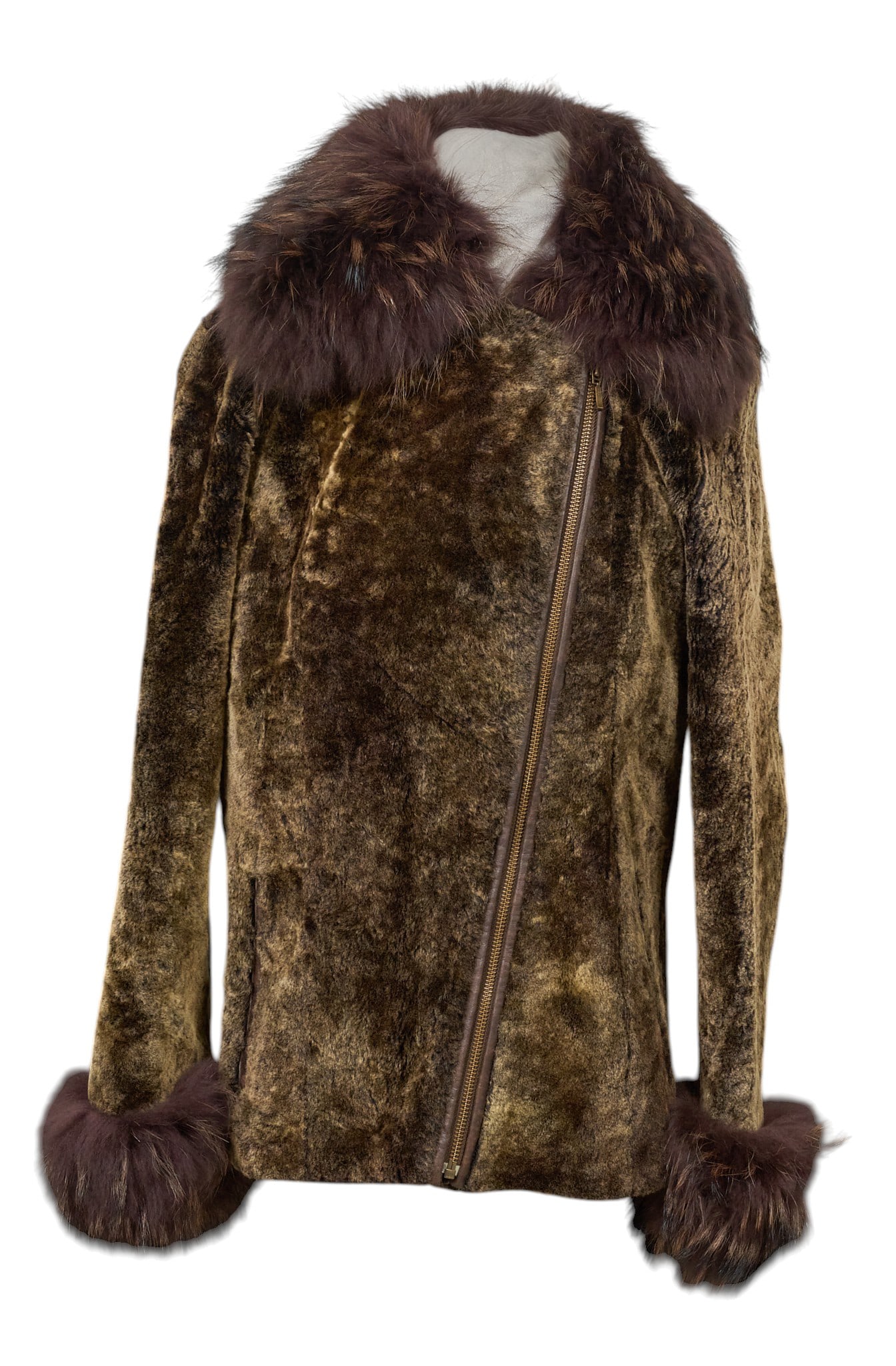 Vic Menache Shearling & Fox Jacket, 36: Vic Menache shearling and fox jacket, with soft leather lining, zipper closure, and slit pockets, size 36 length from top of collar: 25 in. shoulder width: 19 in. sleeve length: 23