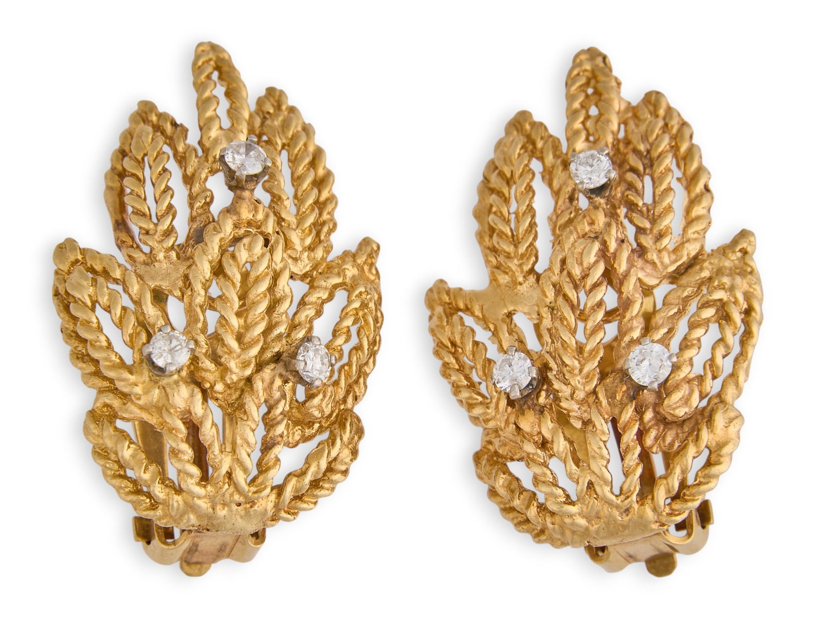 14K Diamond Leaf Earrings: Pair of 14K yellow gold twisted wire leaf motif clip-on earrings, each set with three round brilliant cut diamonds totaling 0.18 ctw, marked "14K" Total weight: 8.89 g