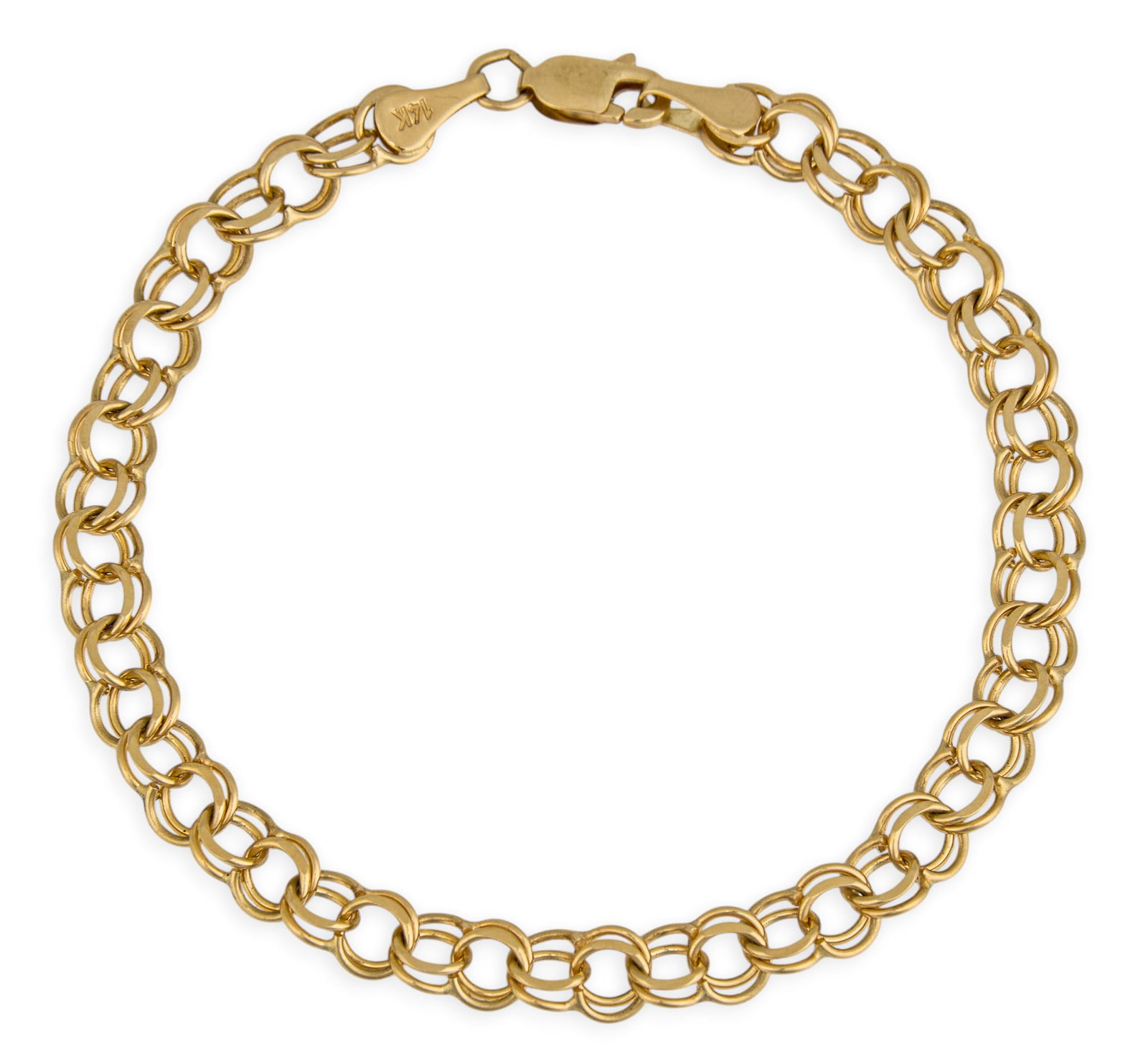 14K Double-Link Chain Bracelet: 14K yellow gold double-link chain bracelet, marked "14K" Length: 7.5 in. Total weight: 6.9 g Provenance: Property fro