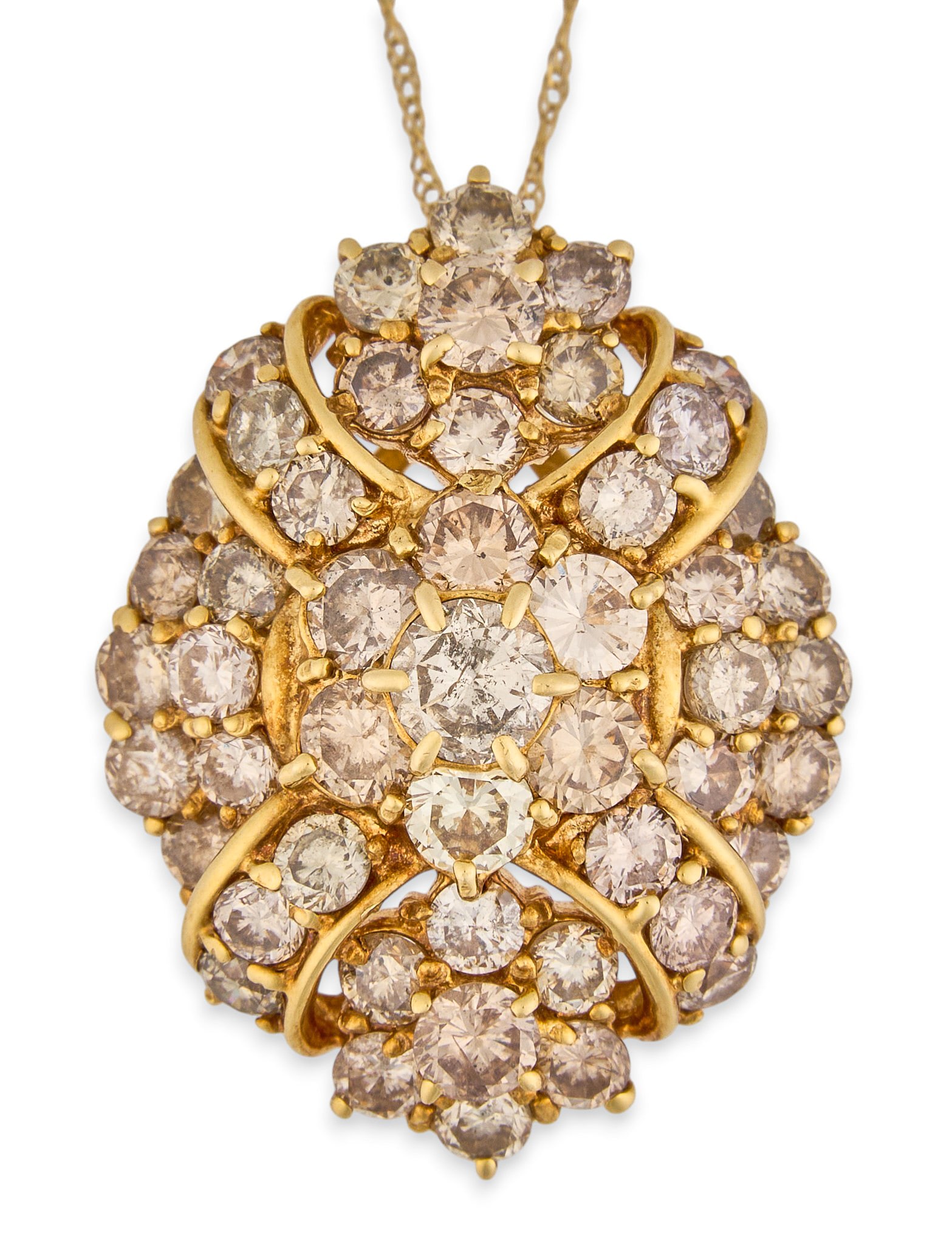 5 ctw Diamond Cluster Pendant Necklace: 18K yellow gold pendant necklace, pendant set with round brilliant cut diamonds in a cluster design, approximately 4.96 ctw, on 18K yellow gold Singapore chain, both marked "18K" Length: 18 in. Total 