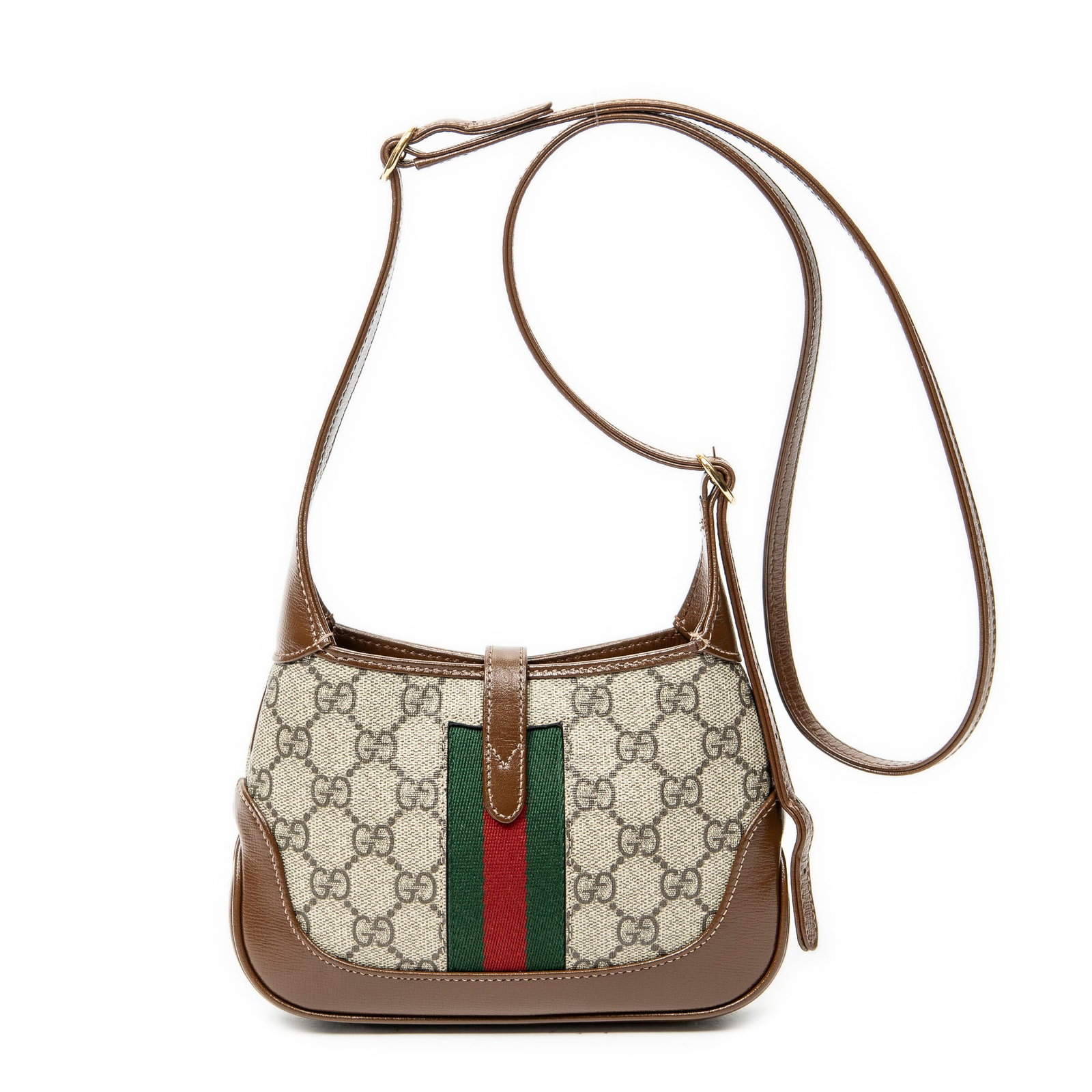 Gucci Mini Jackie 1961 Shoulder Bag: Gucci Mini Jackie 1961 shoulder bag in beige/brown supreme coated canvas, brown leather handles, gold hardware, marked 637092 493075, includes strap, dustbag; third-party authenticated 7.5 in. x 5