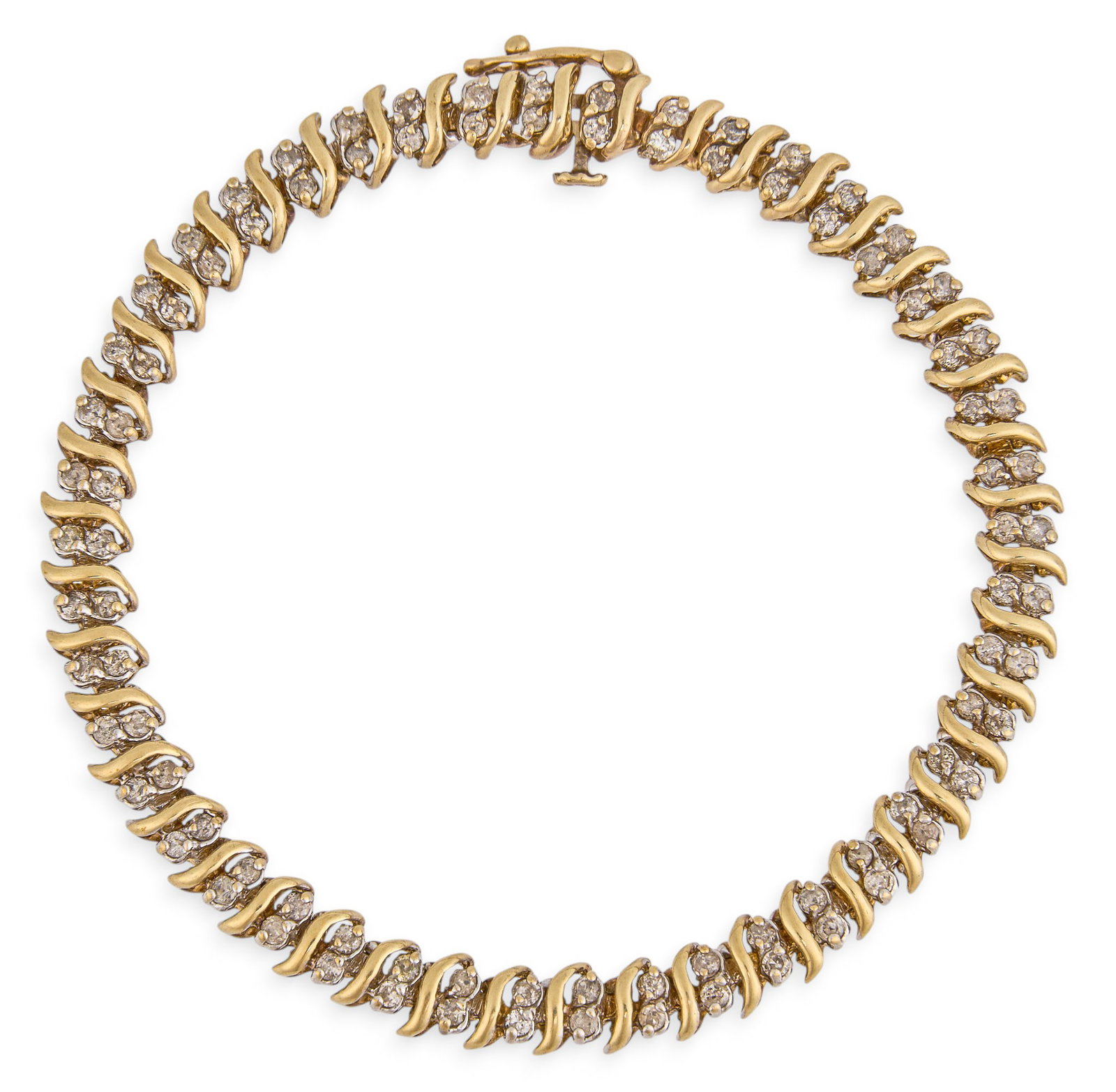 10K Diamond Tennis Bracelet: 10K yellow gold tennis bracelet, set with round brilliant cut diamonds, marked "10K" Length: 7.25 in. Total weight: 11.5 g