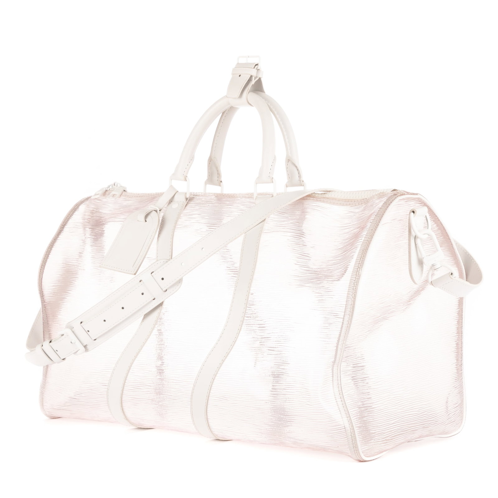 Louis Vuitton Ltd. Ed. Wave Keepall Bandouliere Travel Bag: Louis Vuitton Ltd. Ed. Wave Keepall Bandouliere travel bag in transparent/white Epi plage leather, lucite hardware, marked MB4119, includes strap, luggage tag, handle strap; third-party authenticated