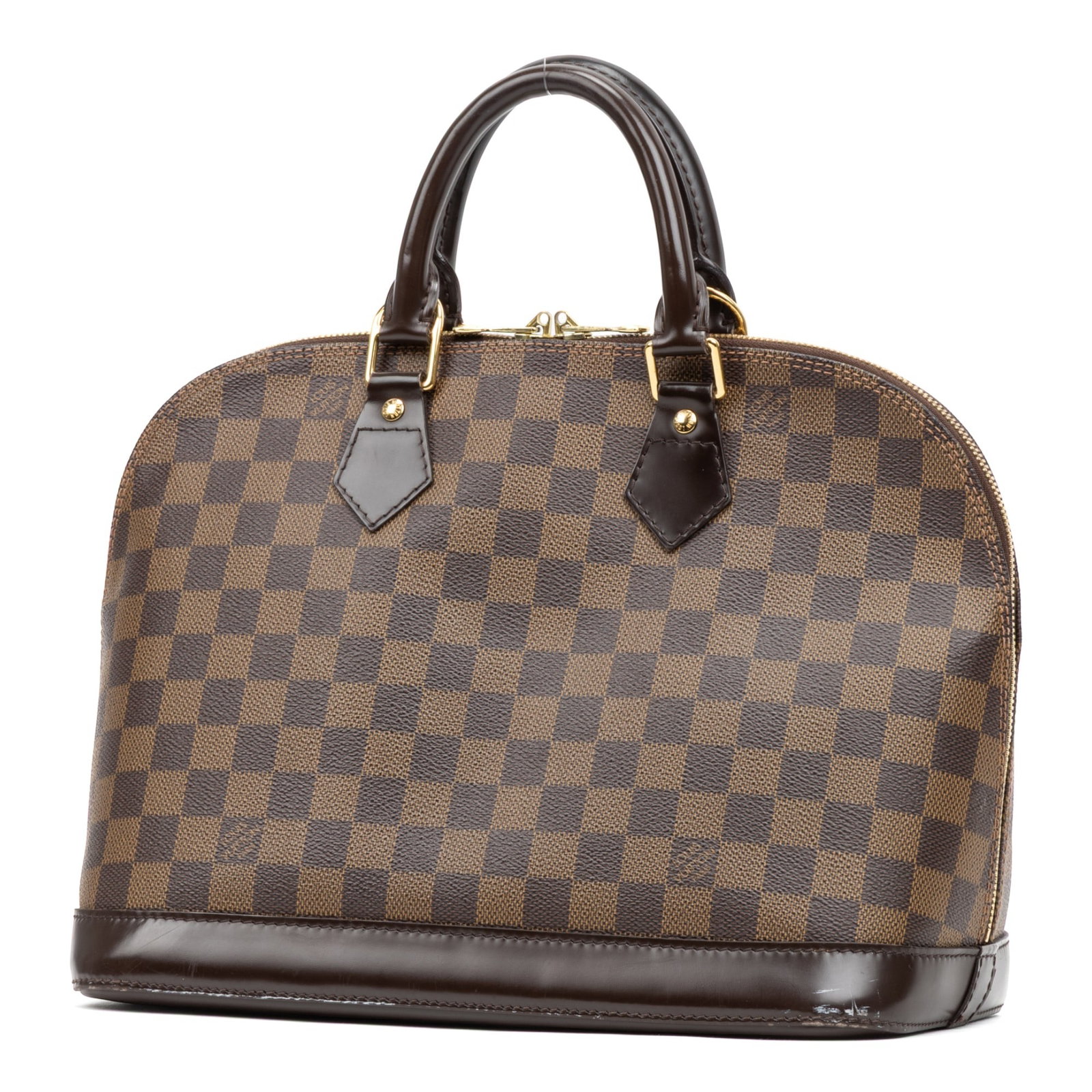 Louis Vuitton Alma PM Shoulder Bag: Louis Vuitton Alma PM shoulder bag in brown damier ebene, with dark brown leather handles, and golden brass hardware, marked FL2098, includes dustbag; third-party authenticated 11.5 in. x 9 in. x 6