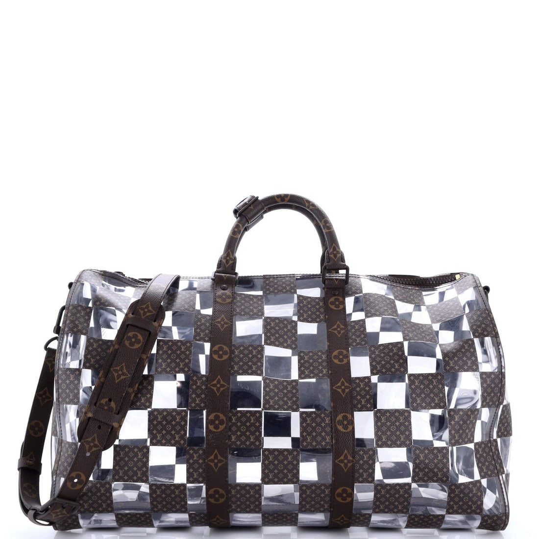 Louis Vuitton Chess Keepall Bandouliere 50 Travel Bag: Louis Vuitton Chess Keepall Bandouliere 50 travel bag in brown/transparent monogram chess pvc, brown monogram canvas handles, black metal hardware, marked NFC Tag, includes detachable strap;