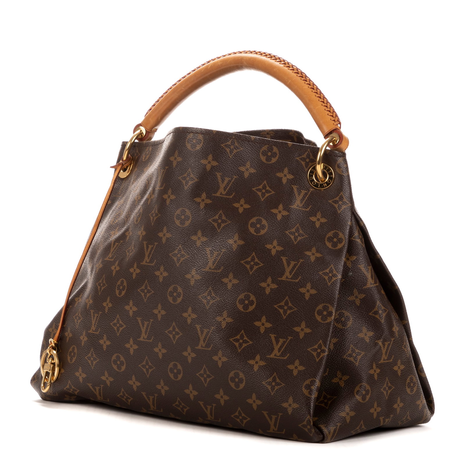 Louis Vuitton Artsy MM Shoulder Bag: Louis Vuitton Artsy MM shoulder bag in brown monogram canvas, vachetta handles, golden brass hardware, marked CA1191, includes key holder; third-party authenticated 16.5 in. x 11.5 in. x 8.25 in.
