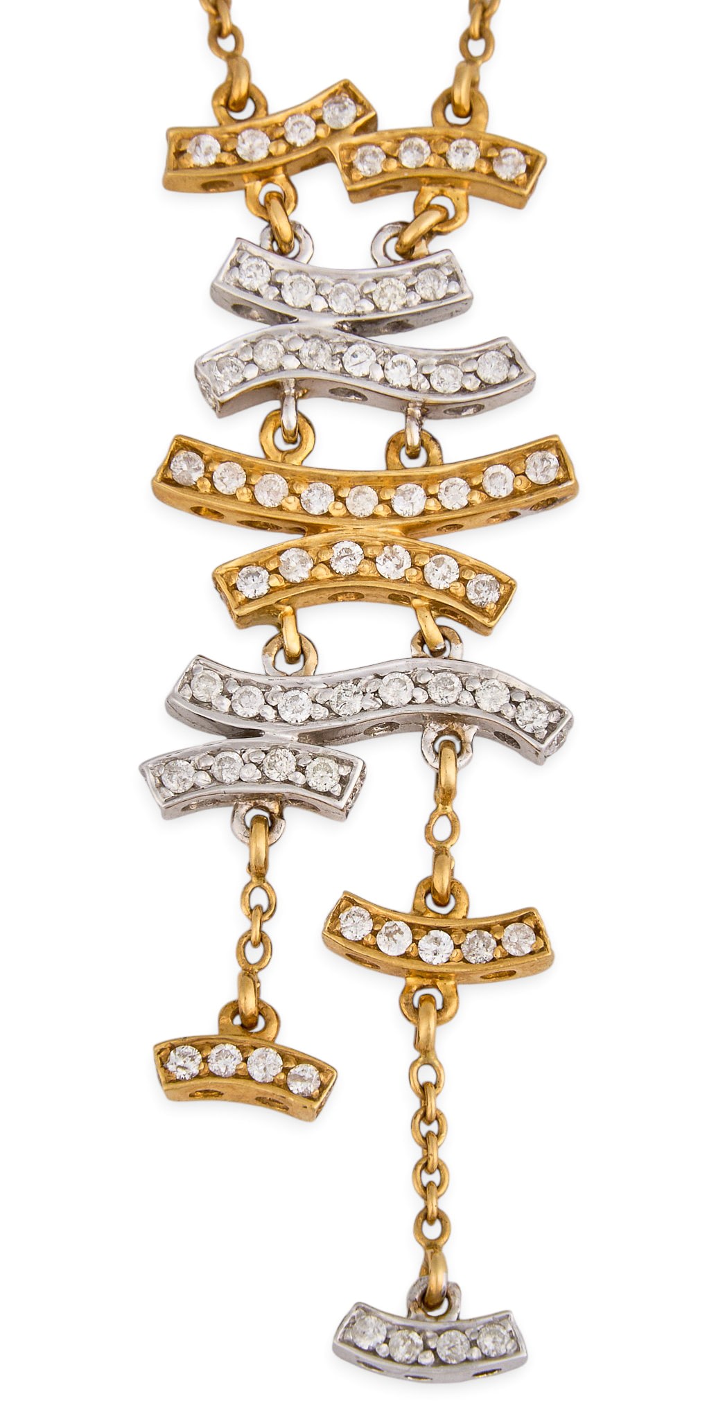 Elini 18K Two-Tone Diamond Ladder Necklace: Elini two-tone gold necklace, set with round brilliant cut diamonds, marked "750" Length: 16 in. Total weight: 8.9 g Provenance: Property from a home in San Antonio, Texas