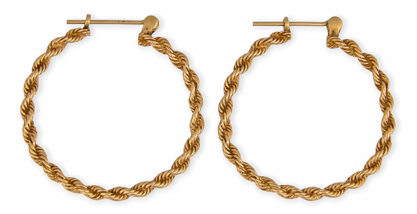 14K Rope Twist Hoop Earrings: Pair of 14K yellow gold rope twist hoop earrings, marked "14K" to posts Size: 1 in. / diameter Total weight: 4.86 g P