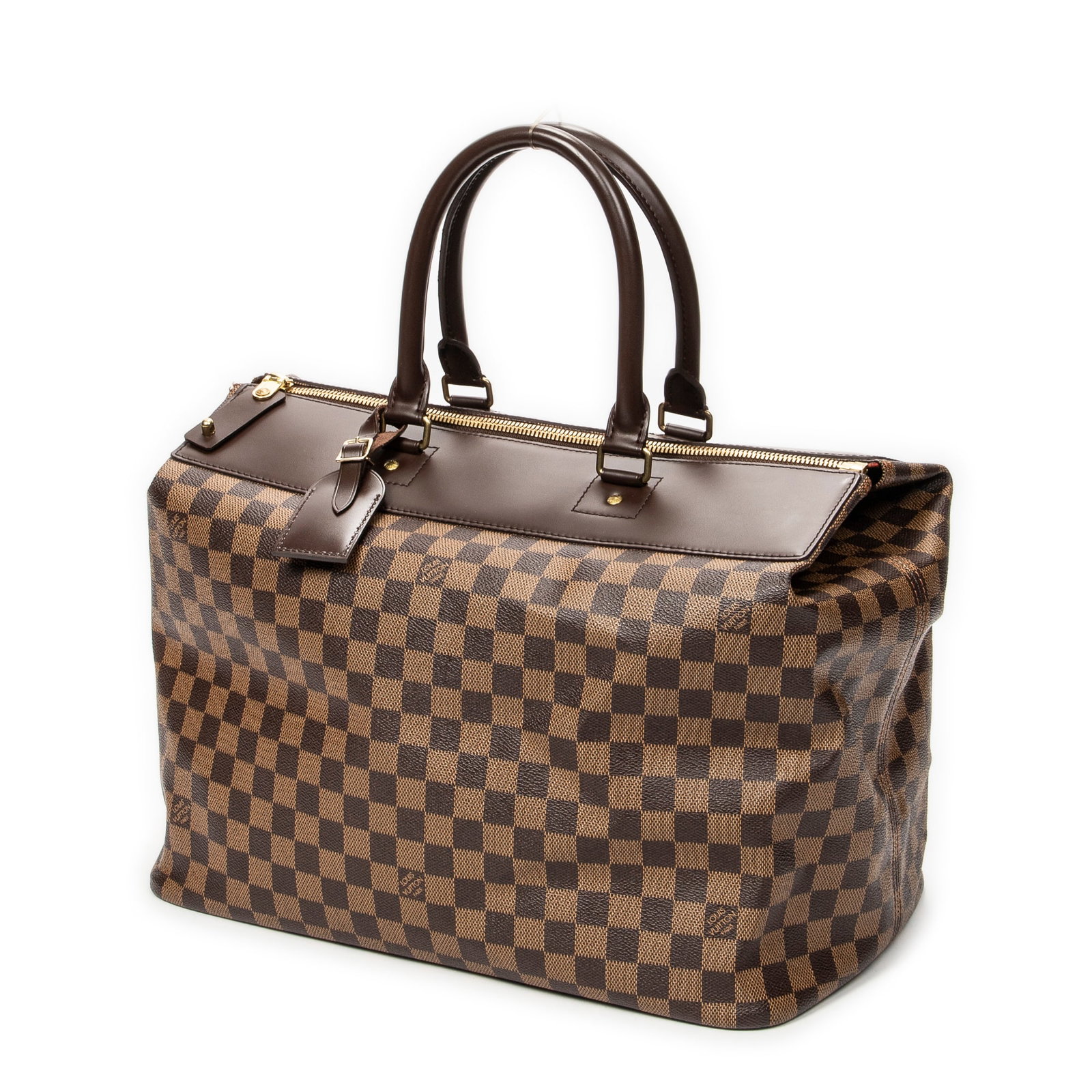 Louis Vuitton Greenwich PM Handbag: Louis Vuitton Greenwich PM handbag in brown damier ebene, golden brass hardware, marked AR0094 (September 2004), includes luggage tag; third-party authenticated 15.75 in. x 12.5 in. x 8.75 in.