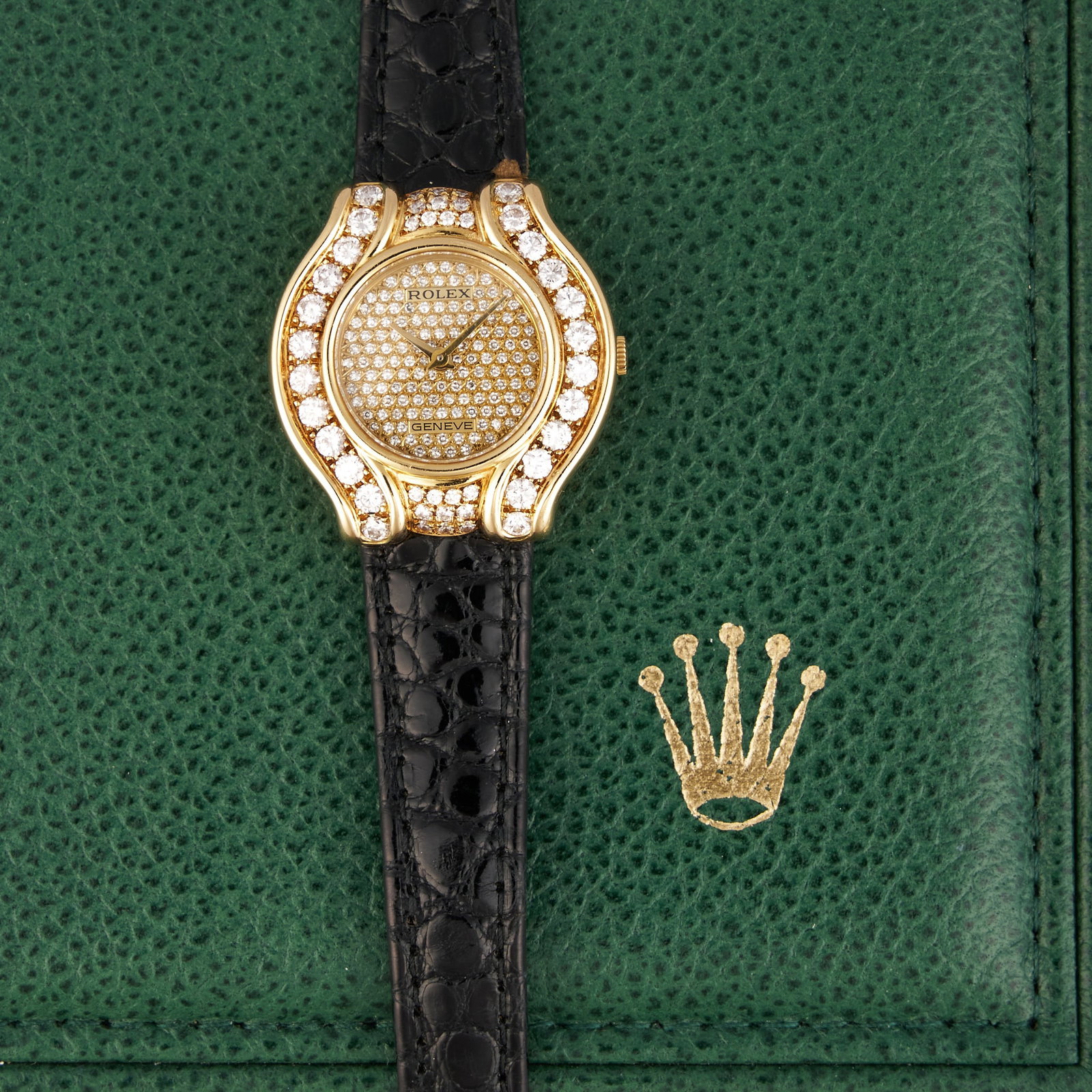 Ladies Rolex Cellini 18K Gold & Diamond:  Ladies Rolex Cellini 18K yellow gold watch, 25mm diamond case and dial, crocodile wristband, includes original box Provenance: Property from the collection of an industrial chemicals entrep