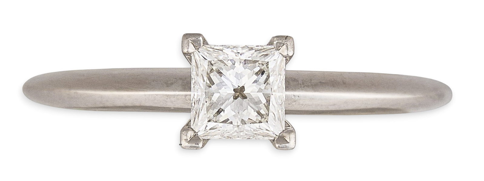 Tiffany & Co. Platinum Diamond Solitaire Ring: Tiffany & Co. platinum solitaire ring set with a princess cut diamond, approximately 0.48 ct, graded approximately E–F color and VS1–VS2 clarity, diamond is laser inscribed