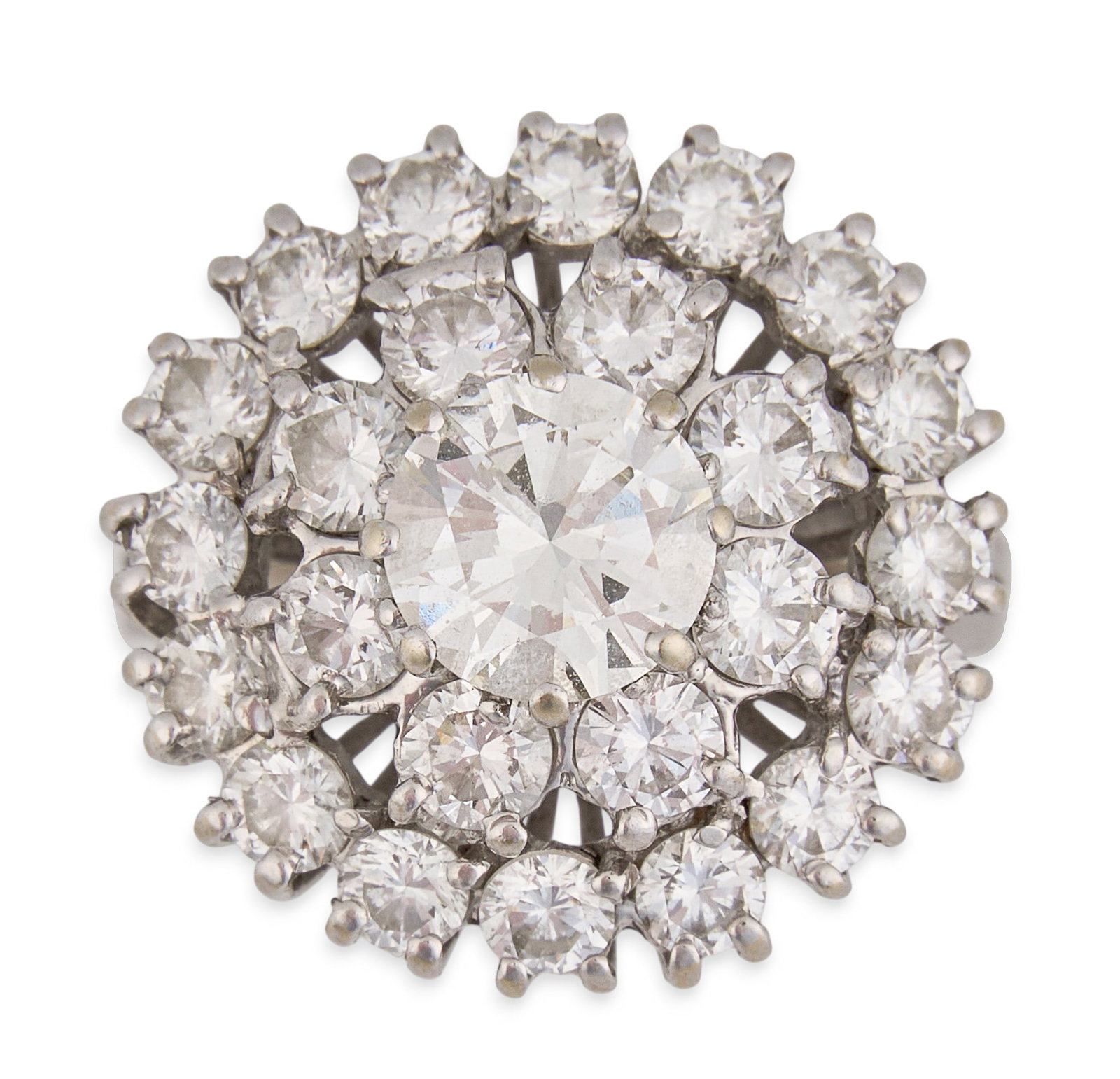 14K Diamond Cocktail Ring: 14K white gold (tested) cluster cocktail ring, set with round brilliant cut diamond center stone, approximately 1.0 ct, accented by double halo of round brilliant cut diamonds, approximately 2.0 ctw S