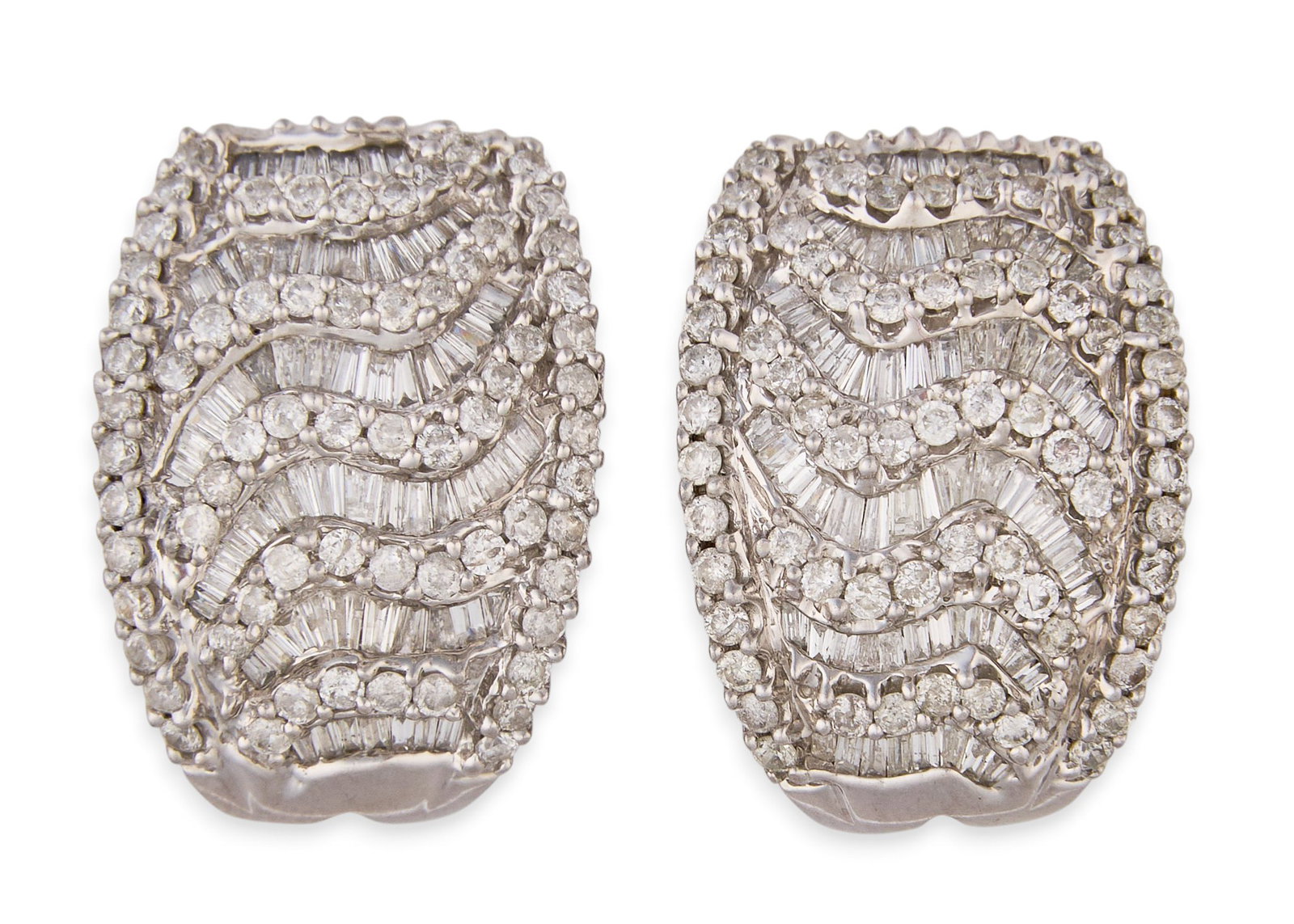 14K Pave Diamond Earrings: Pair of 14K white gold pave diamond earrings, set with alternating rows of round brilliant and baguette cut diamonds, marked "14K 585" Size: 0.75 in. / length Total weight: 6.6 g