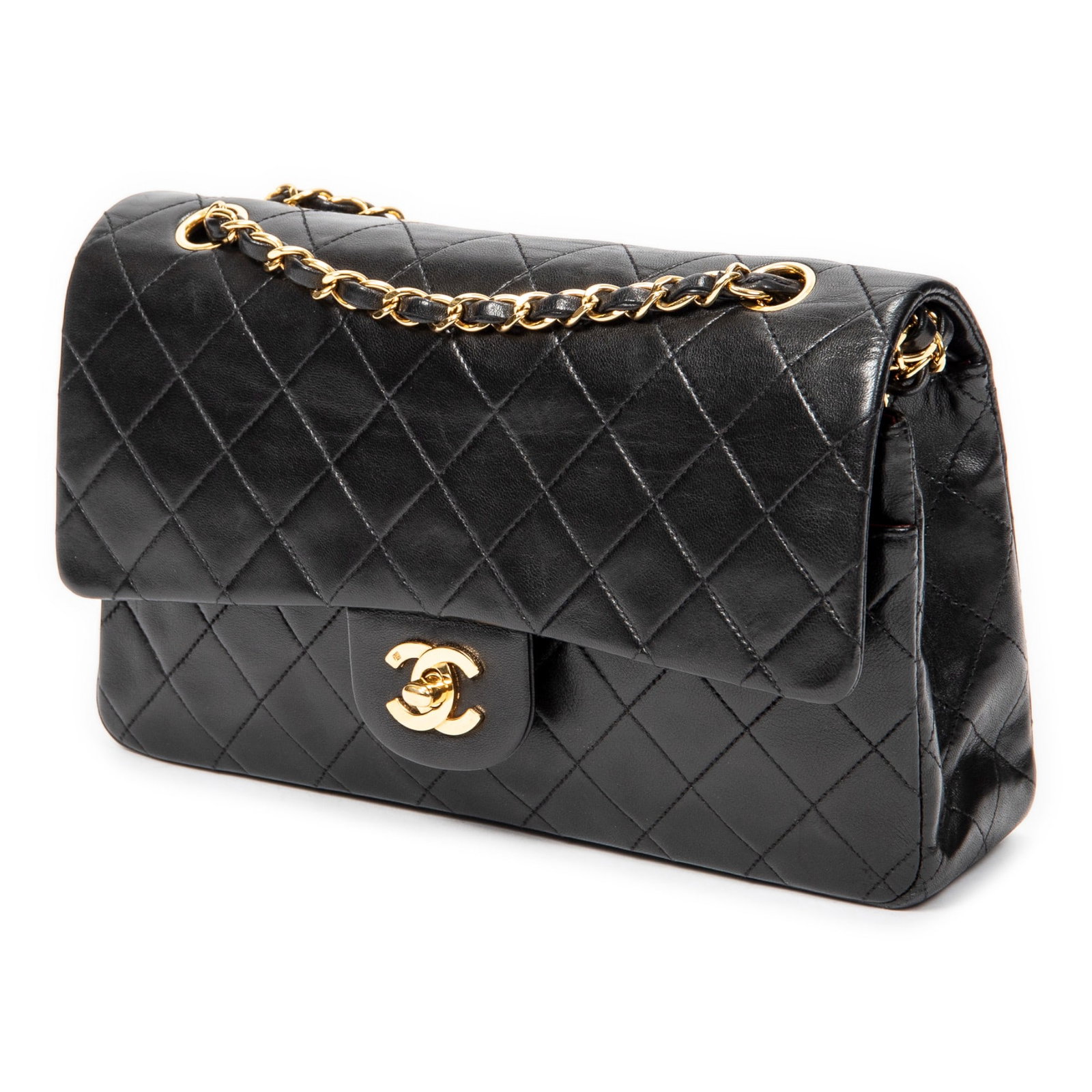Chanel Classic Double Flap 26 Shoulder Bag: Chanel Classic Double Flap 26 shoulder bag in black quilted lambskin leather, with interlaced chain, and golden hardware, marked 2603852 (1991-1994); third-party authenticated 10 in. x 
