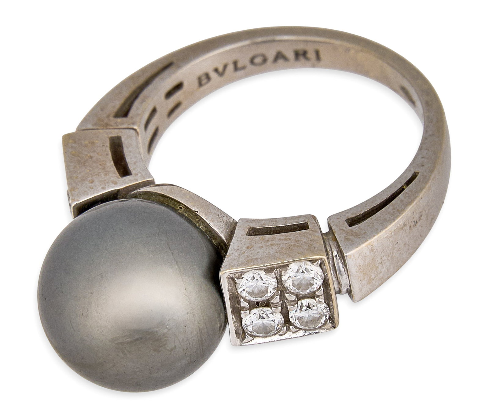 Bvlgari 18K Diamond & Tahitian Pearl Ring: Bvlgari 18K white gold ring set with 11.1 mm Tahitian pearl, flanked by eight round brilliant cut diamonds, approximately 0.56 ctw, marked "BVLGARI 750 Italy", includes original box Size: 6