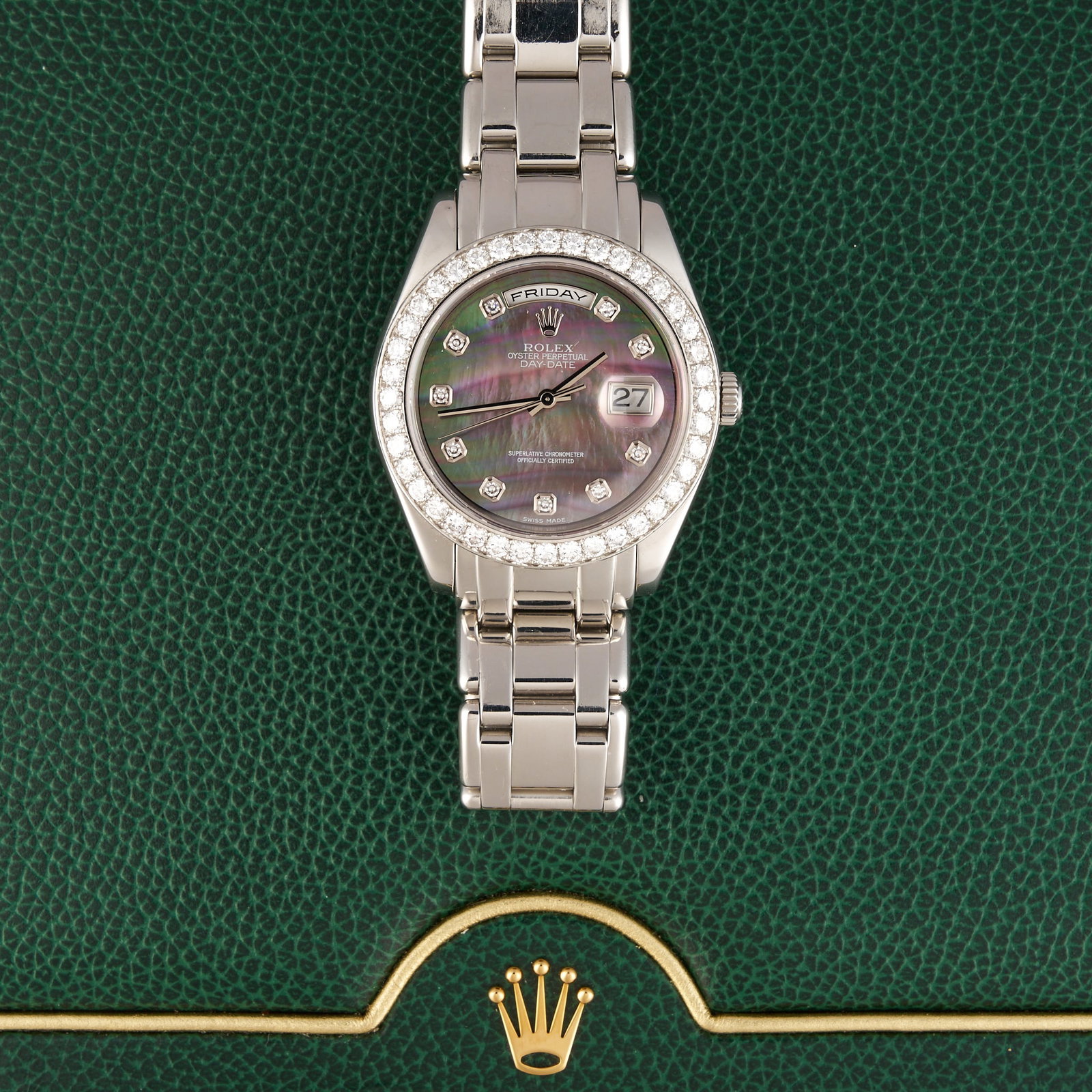 Superlative Rolex Day-Date 39mm Platinum Pearlmaster: Rolex Day-Date Special Edition platinum watch, encrypted production date, model number 189466-OU-B7274-6, serial number A-662941, 39mm case, Tahitian black mother-of-pearl dial with original diamond h