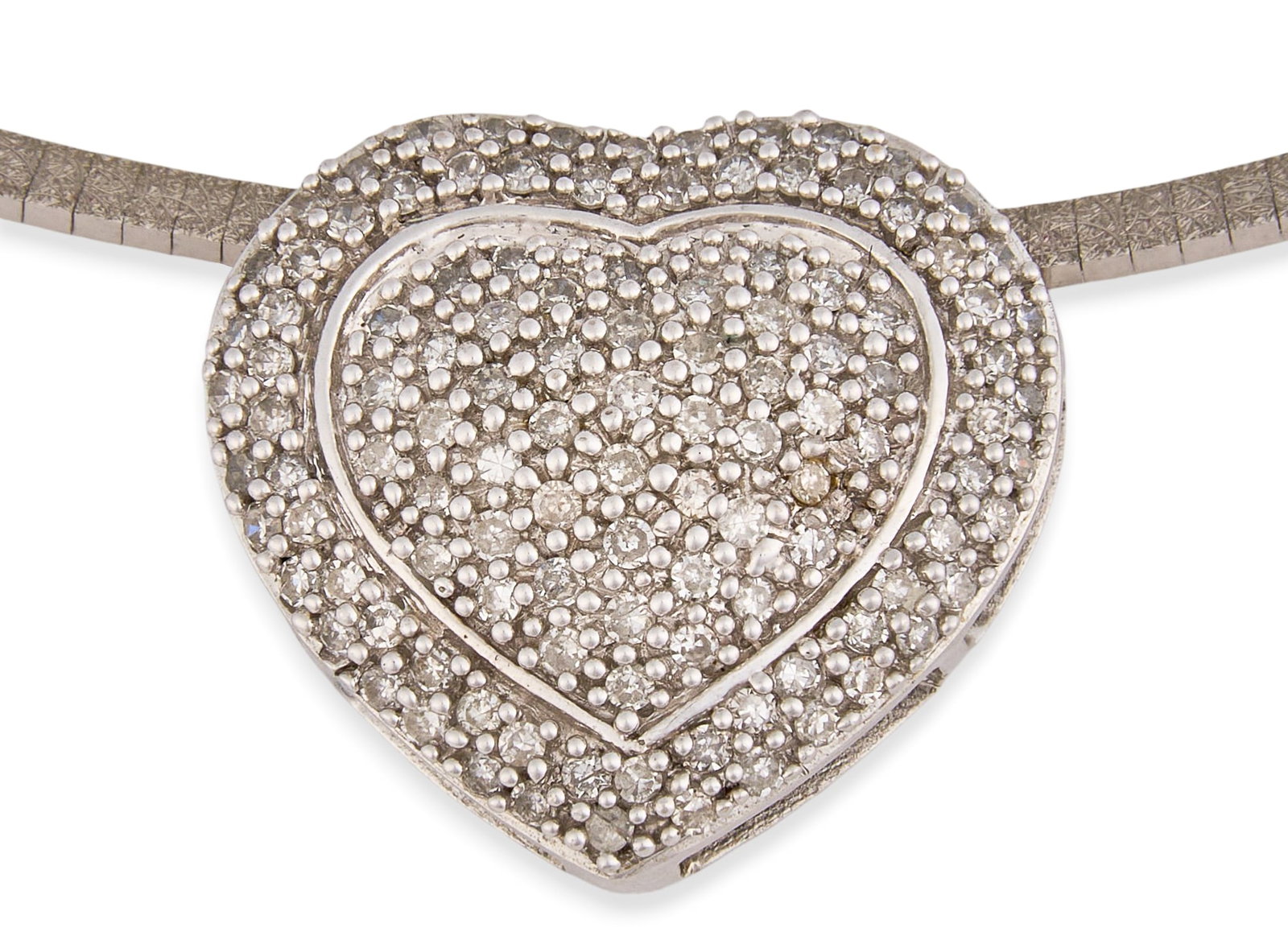 18K Diamond Heart Pendant Necklace: 18K white gold heart pendant necklace, pendant set with round brilliant cut diamonds in pave setting, marked "750" to clasp Length: 18 in. Total weight: 15.7 g