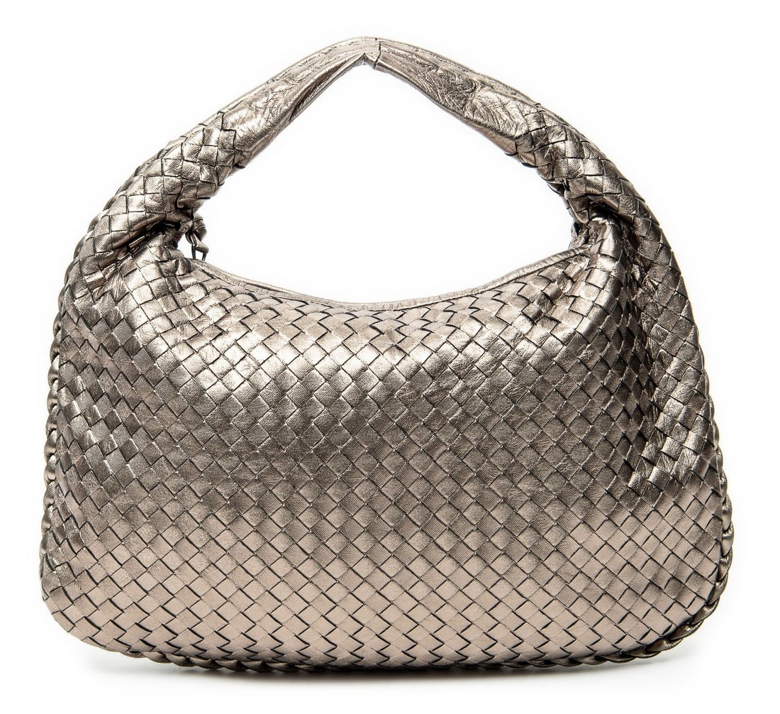 Bottega Veneta Veneta Hobo Shoulder Bag: Bottega Veneta Veneta Hobo shoulder bag in silver intrecciato leather, aged brass hardware, marked 115653 V0041 1203 EPEV 2007 3859 A; third-party authenticated 15.75 in. x 9.75 in. x 1.25 in.