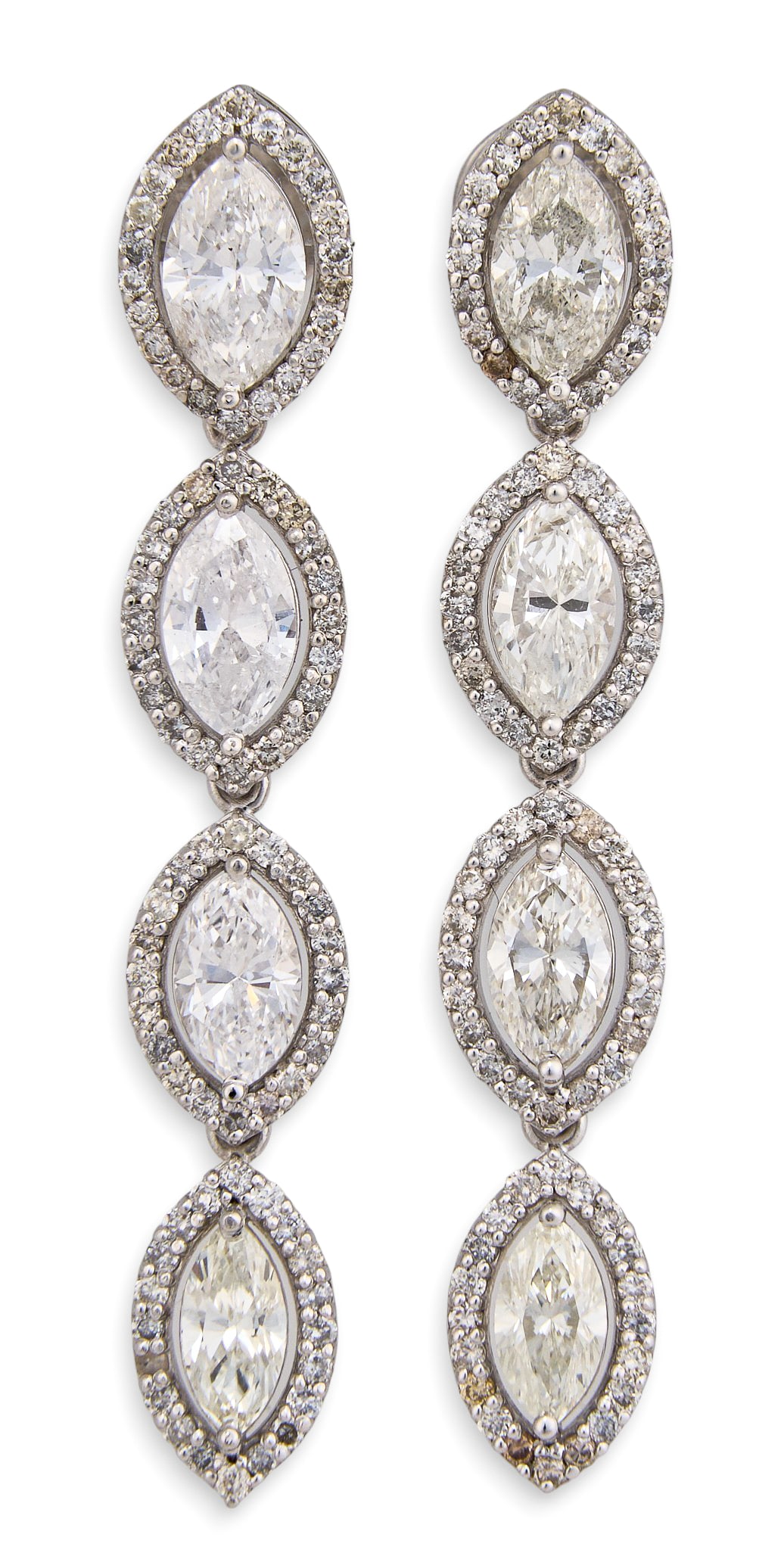 14K Diamond Dangle Earrings: Pair of 14K white gold dangle earrings, set with marquise and round cut diamonds, approximately 5.10 ctw, with screw-back posts, marked "14K" Length: 1.75 in. Total weight: 4.4 g Proven